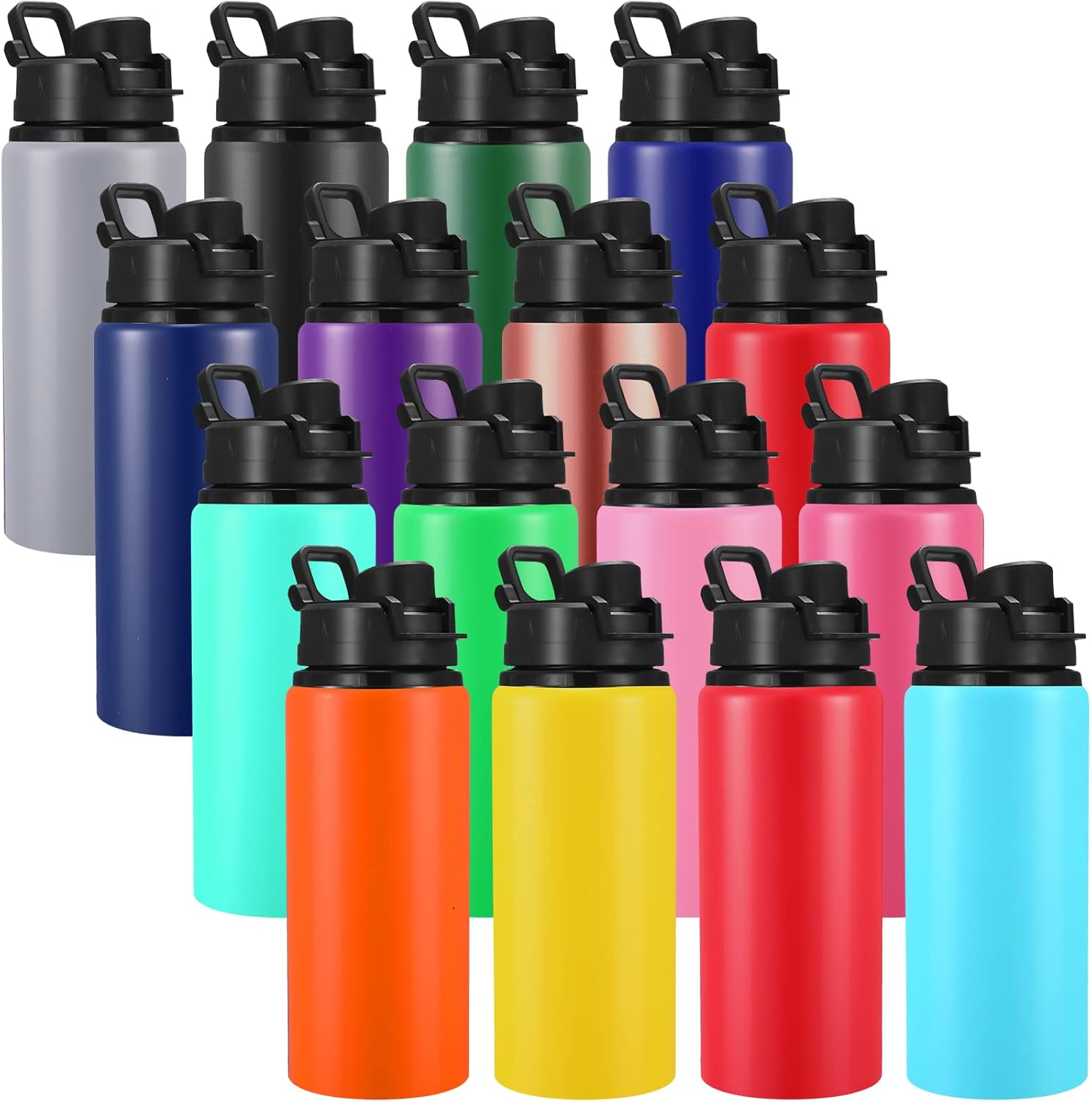 Sunnyray 16 Pcs Aluminum Water Bottle Bulk Multicolor Reusable Sports Bottle with Snap Lids Multipack Vacuum Water Flask for Travel Camping, Picnics, Gym, Hiking, Cycling, Fishing 20 Oz