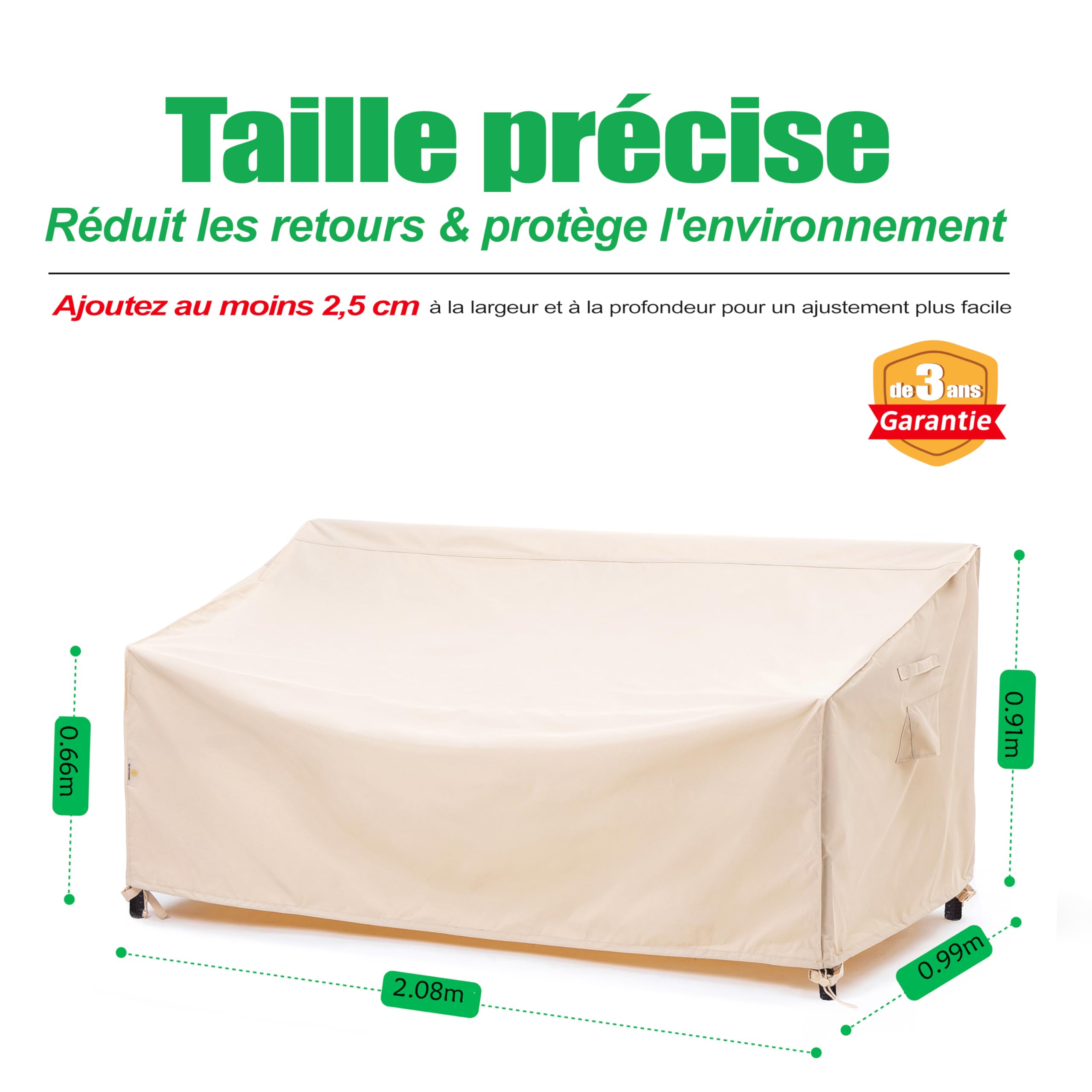 F&J Outdoors Housse pour canapé de Jardin, imperméable, 208x99x66/91cm, Housse pour mobilier d'extérieur, 3-4 Places, Beige, Protecteur de canapé, Tissu imperméable