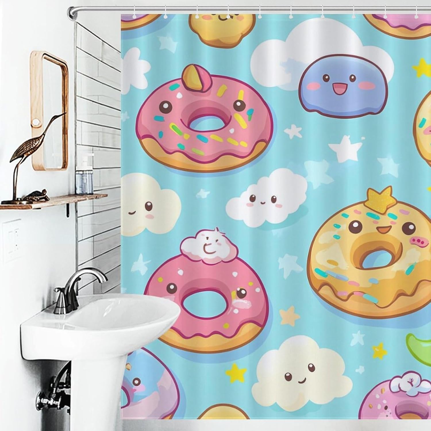 Cute Donuts Cartoon Bath Curtain Waterproof Shower Curtains with Hooks for Bathroom Showers and Bathtubs
