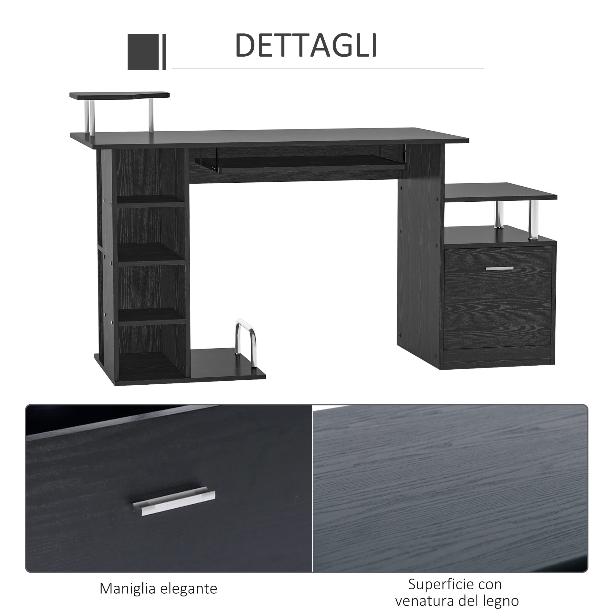 HOMCOM Scrivania per Computer Moderna con Cassetti, Ripiani e Tastiera Estraibile, Scrivania da Ufficio per Casa in Legno Nero 152x60x88cm