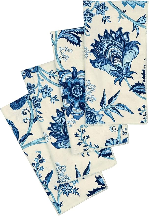 Servilletas de tela azul y blanco floral, 18x18 pulg, algodón, set de 4 miniatura 3