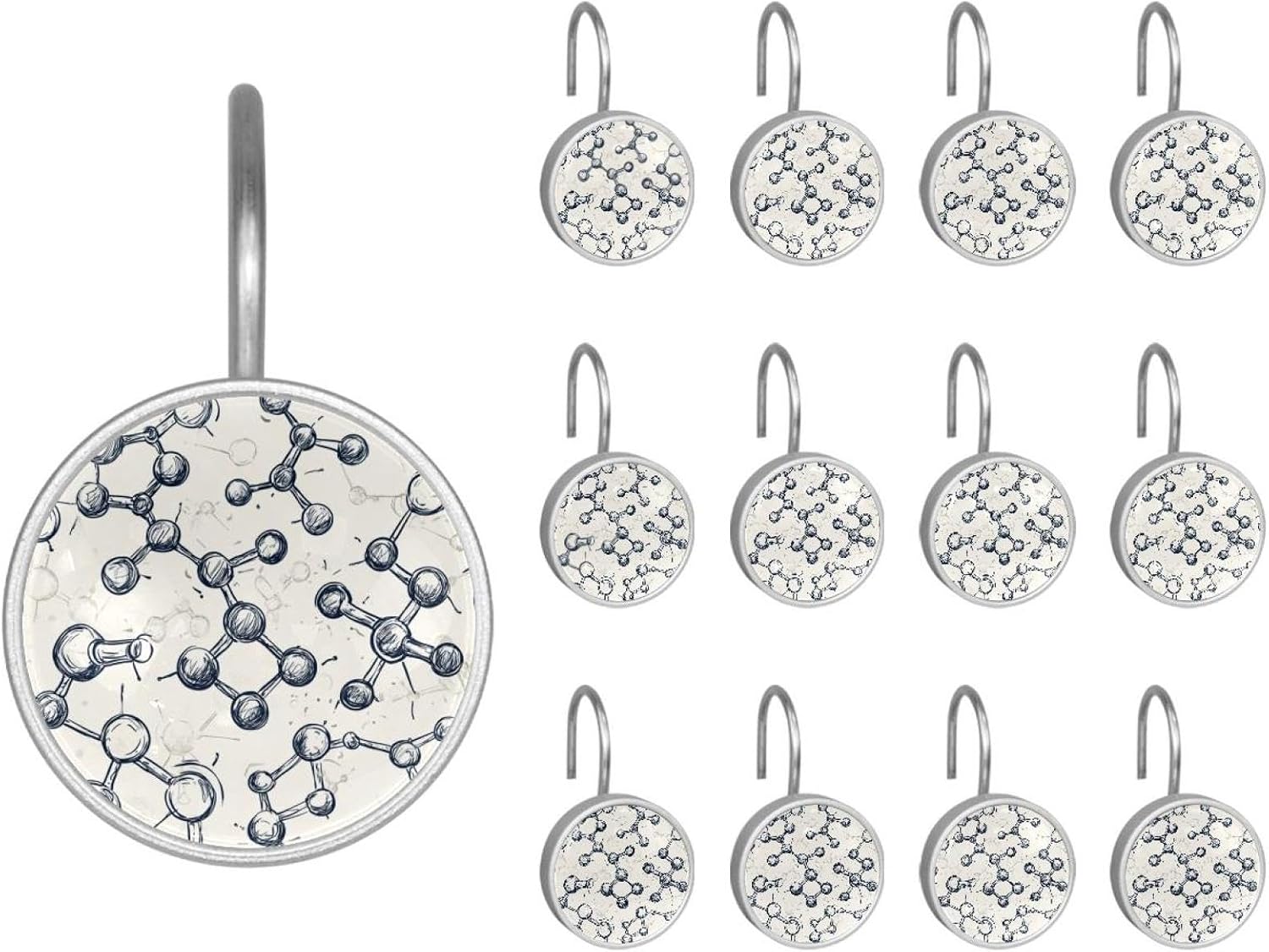 Set of 12 Shower Curtain Hooks, Shower Curtain Rings Crystal Glass Decorative Bathroom Hook, _Chemical and Scientific Pattern (3)