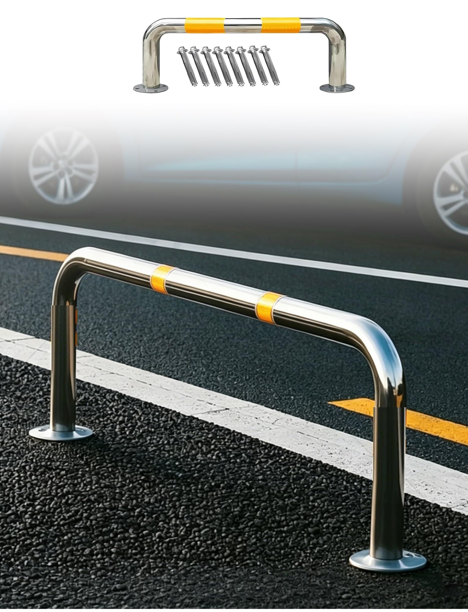Barriera di parcheggio in acciaio inossidabile, dissuasore di sicurezza, controllo del traffico, protezione contro gli urti per garage, vialetti, magazzini con bulloni di ancoraggio (200 x 30 cm)