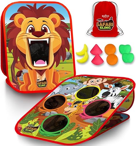 Swooc Juegos - Safari Sling Juego de lanzamiento de bolsas de frijoles 2 en 1 para niños Juego de Cornhole para niños de configuración de 5