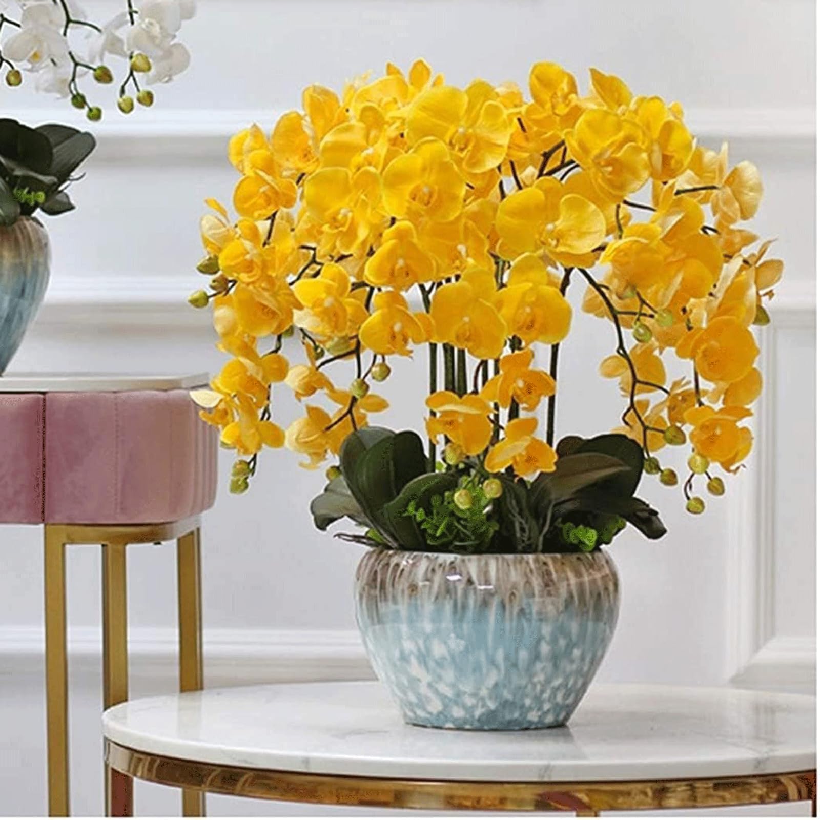 DFGHNBVC Artificial Orchid Artificial Orchid Polyurethane Artificial Phalaenopsis Flowers With Ceramic Vase Artificial Flower Potted 65Cm Fake Floral Very Natural.Yellow