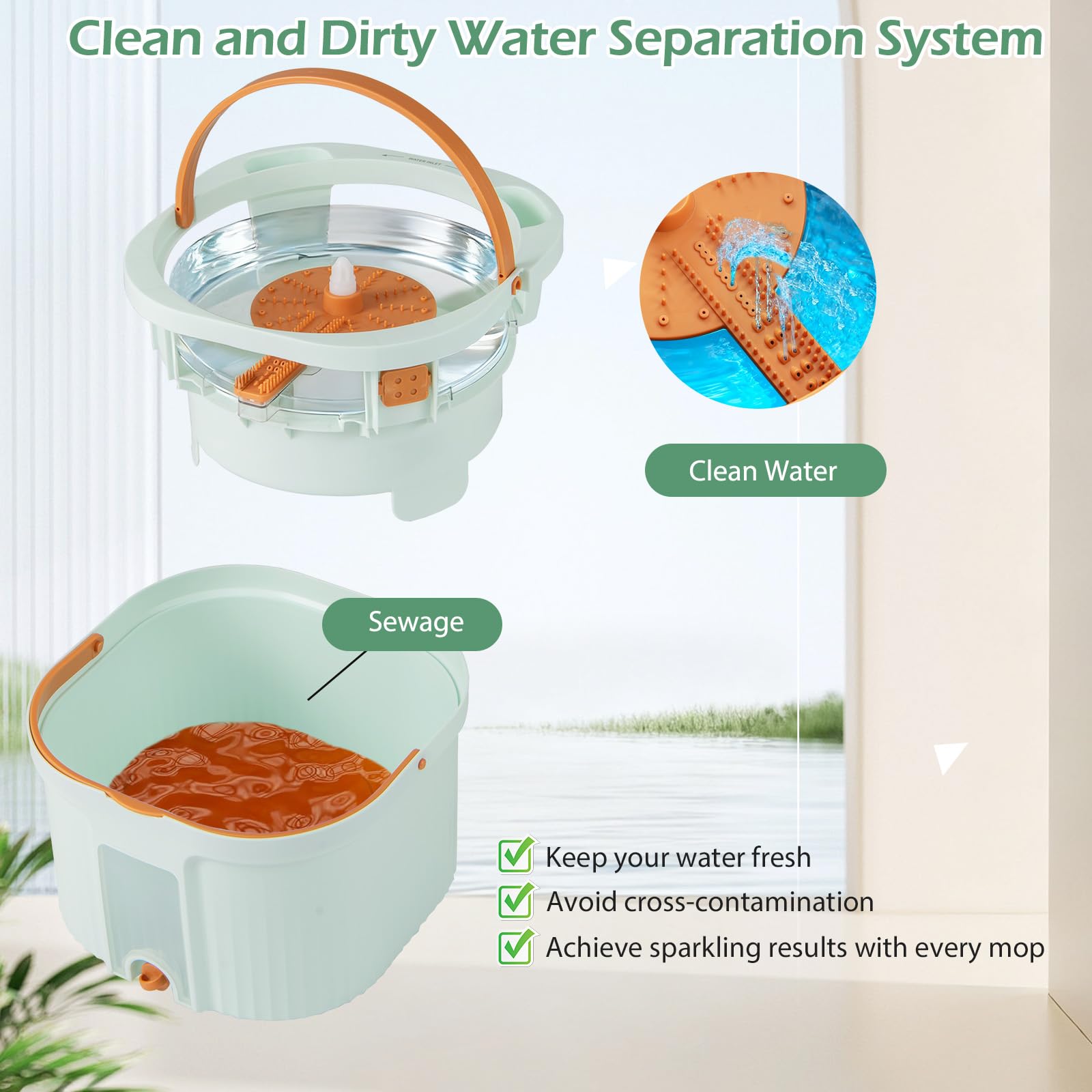 LIFEZEAL Scopa mocio con doppio secchio, testa rotante a 360° con panni riutilizzabili, separazione acqua pulita e sporca per pavimenti in piastrelle in parquet, casa (verde| 1 testa + 8 stracci)