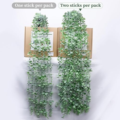 Miniatura 8 de Plantas colgantes artificiales para estante, vegetación falsa en maceta, paquete de 2 enredaderas de eucalipto sintético en maceta negra, decoración