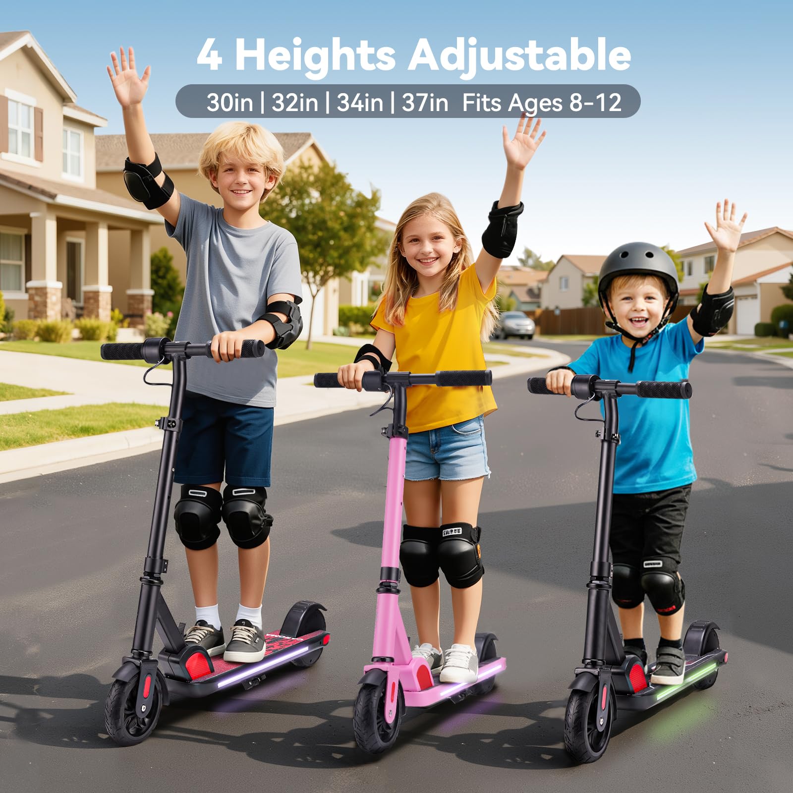 Caroma Patinete eléctrico para niños de 6 a 12 años, Motor de 150 W | 16 km/h, 12 km de alcance E Scooter, Scooter E plegable con luces coloridas y pantalla LED, velocidad y altura ajustables