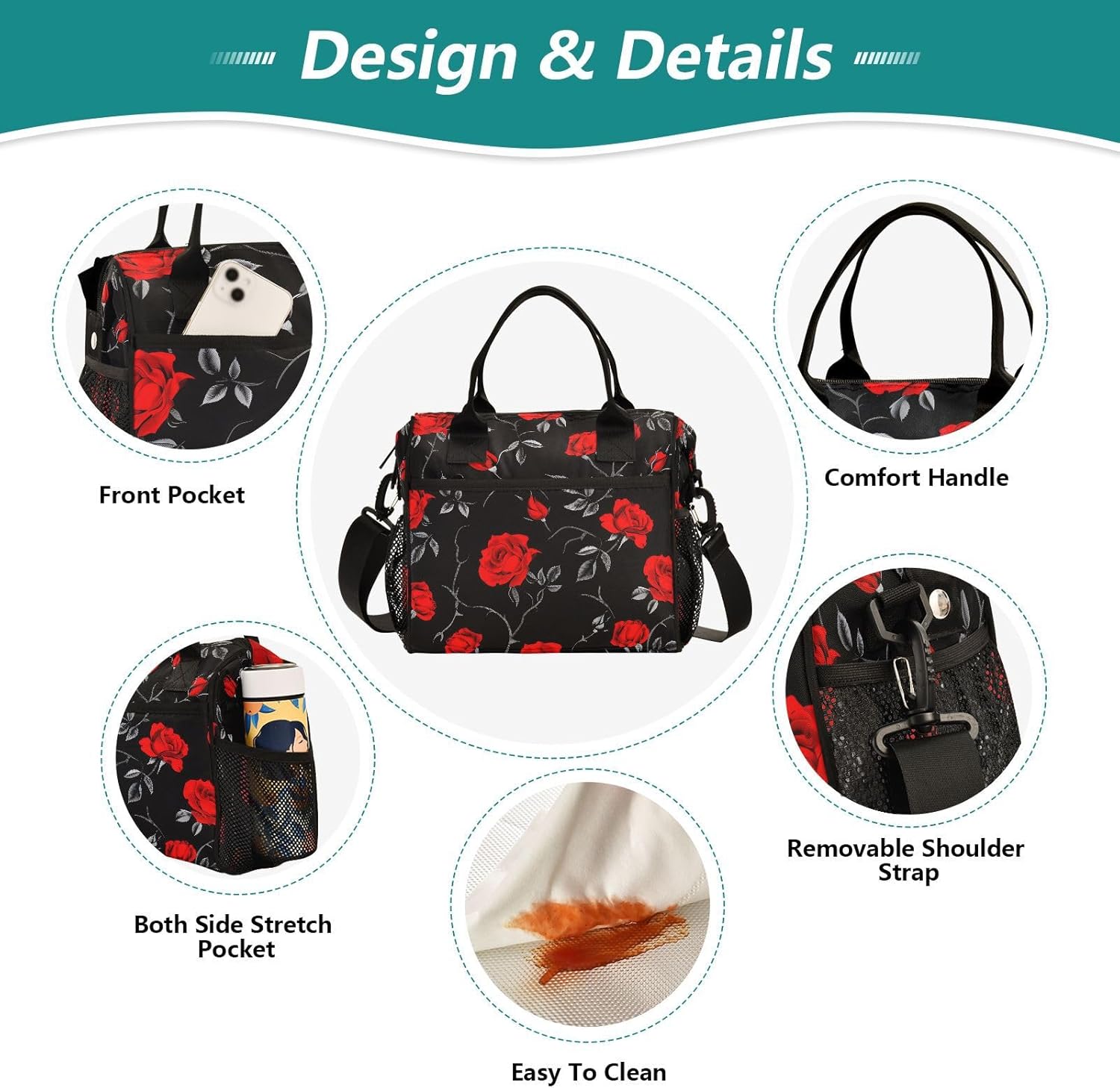 Red Roses Lunch Bag for Women, Insulated Lunch Box for Students, Women's Lunch Tote Bag with Side Pockets & Removable Shoulder Strap Large Cooler Purse for Picnic Work Beach