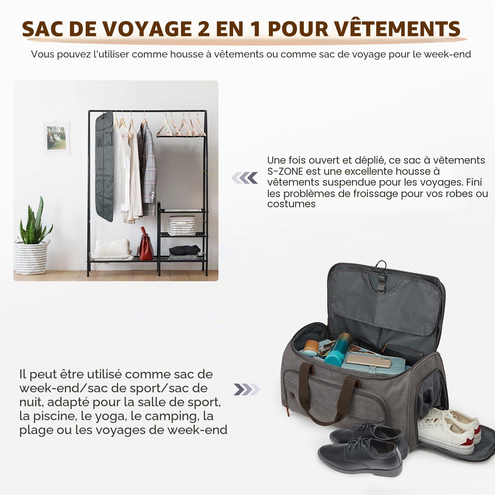 S-ZONE Homme Convertible 2 en 1 Sac à Vêtements avec Trousse de Toilette Toile Sac de Costume pour Les Voyages Courts Séjours Rangement pour Les Voyages d'affaires