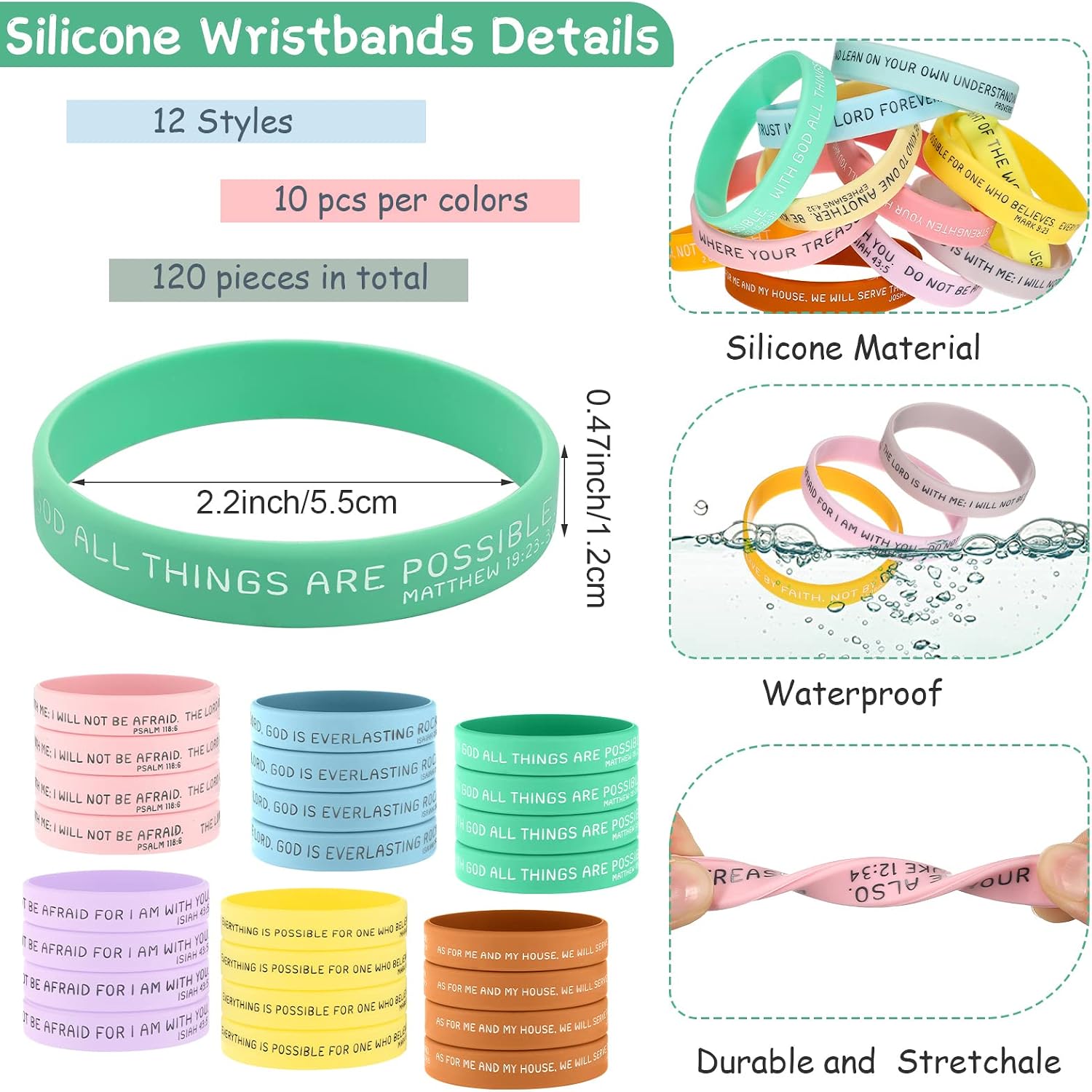 HyDren 120 Pcs Bible Verse Bracelets for Kids Bulk - Colored Inspirational Rubber Christian Silicone Wristbands Bracelets for Motivational Church School Students Graduates Gift Prizes