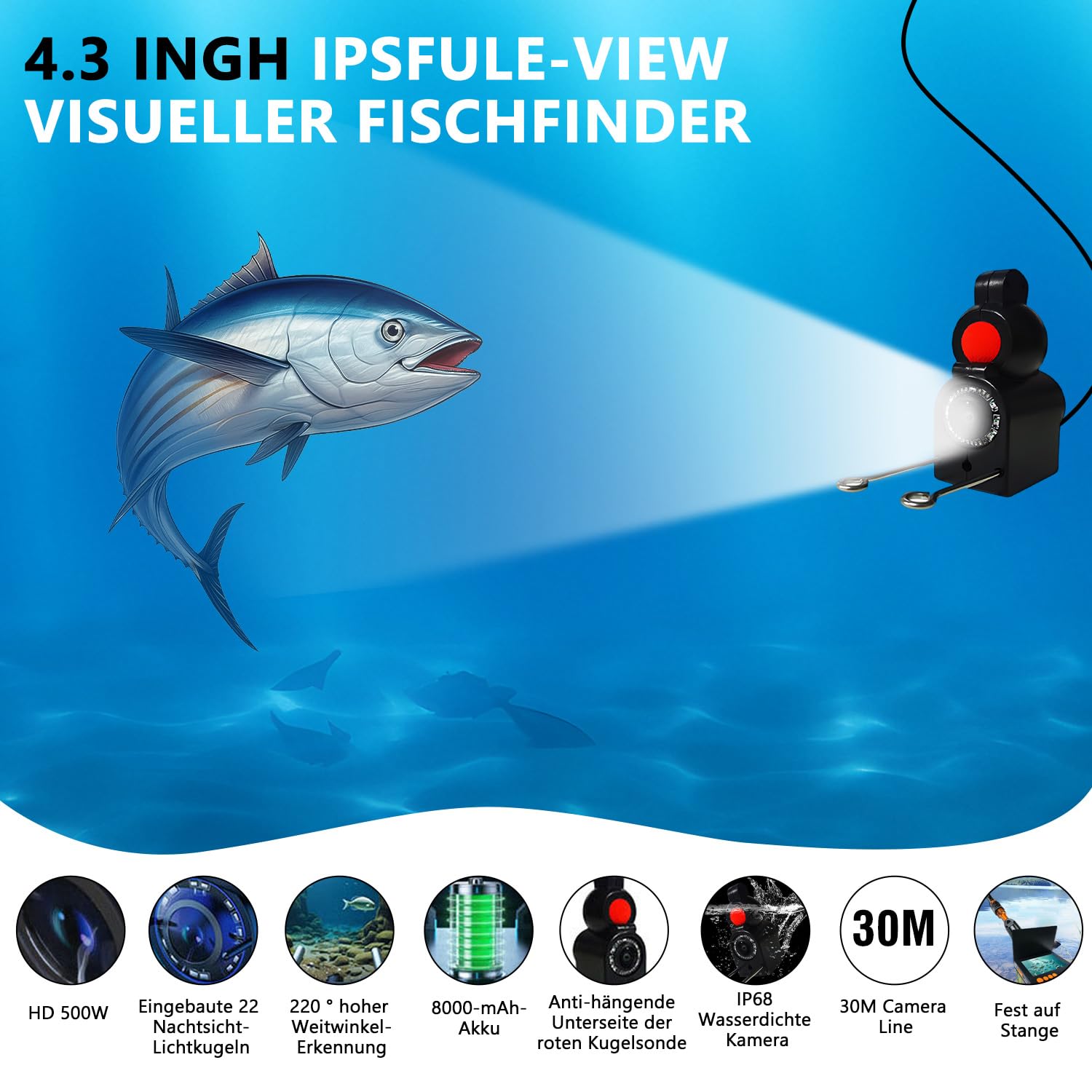 Cámara subacuática para pesca, buscador de peces, cámara con pantalla IPS de 4,3 pulgadas y cable de 30 m, resistente al agua, gran angular de 220°, visión nocturna, cámara de pesca subacuática para