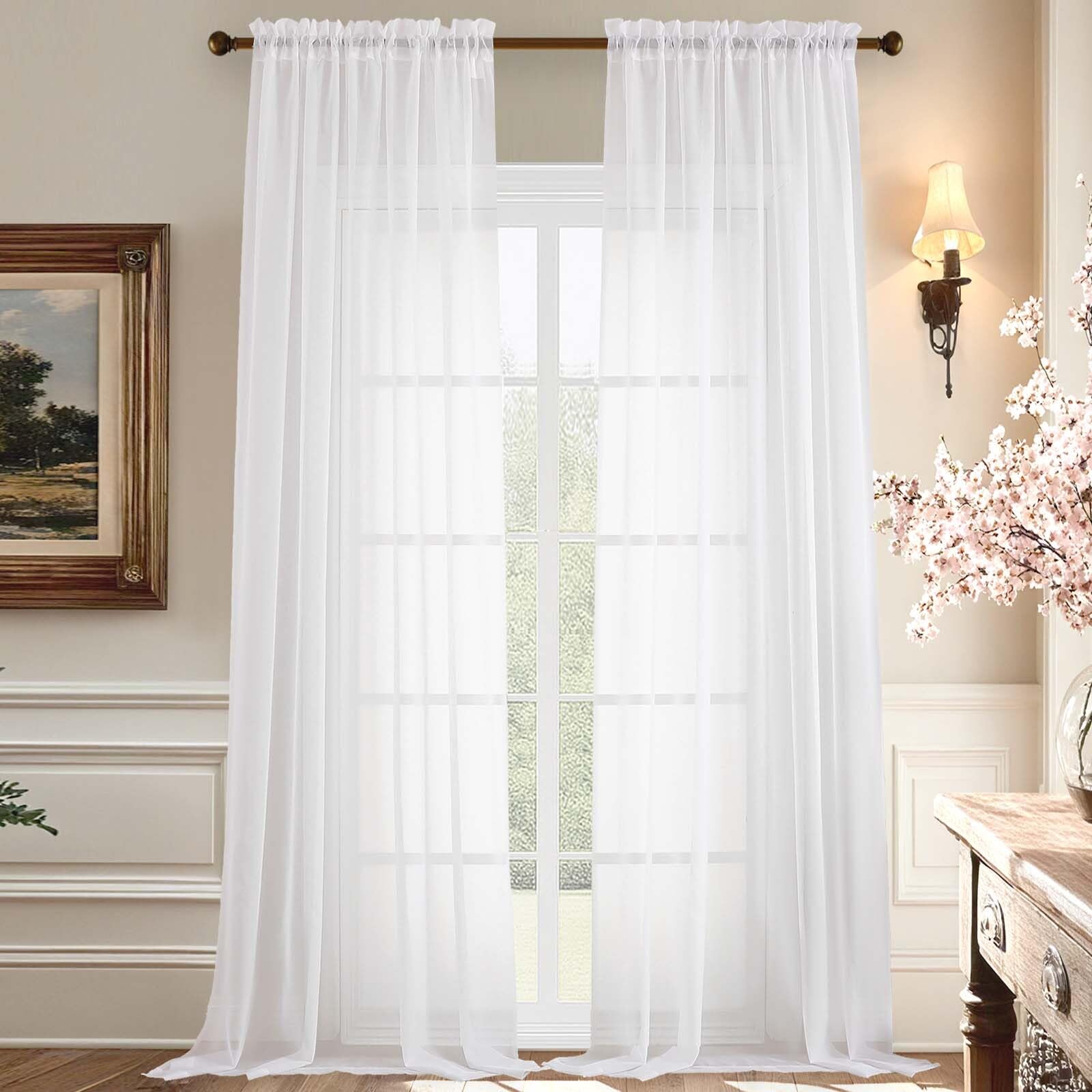 Aiyufeng 108 Inch White Sheer Window Curtains for Farmhouse, Rod Pocket Voile Window Treatment Vertical Panels for Study Room/Bedroom/Living Room, White, W59 x L108, 2 Panels — image 1