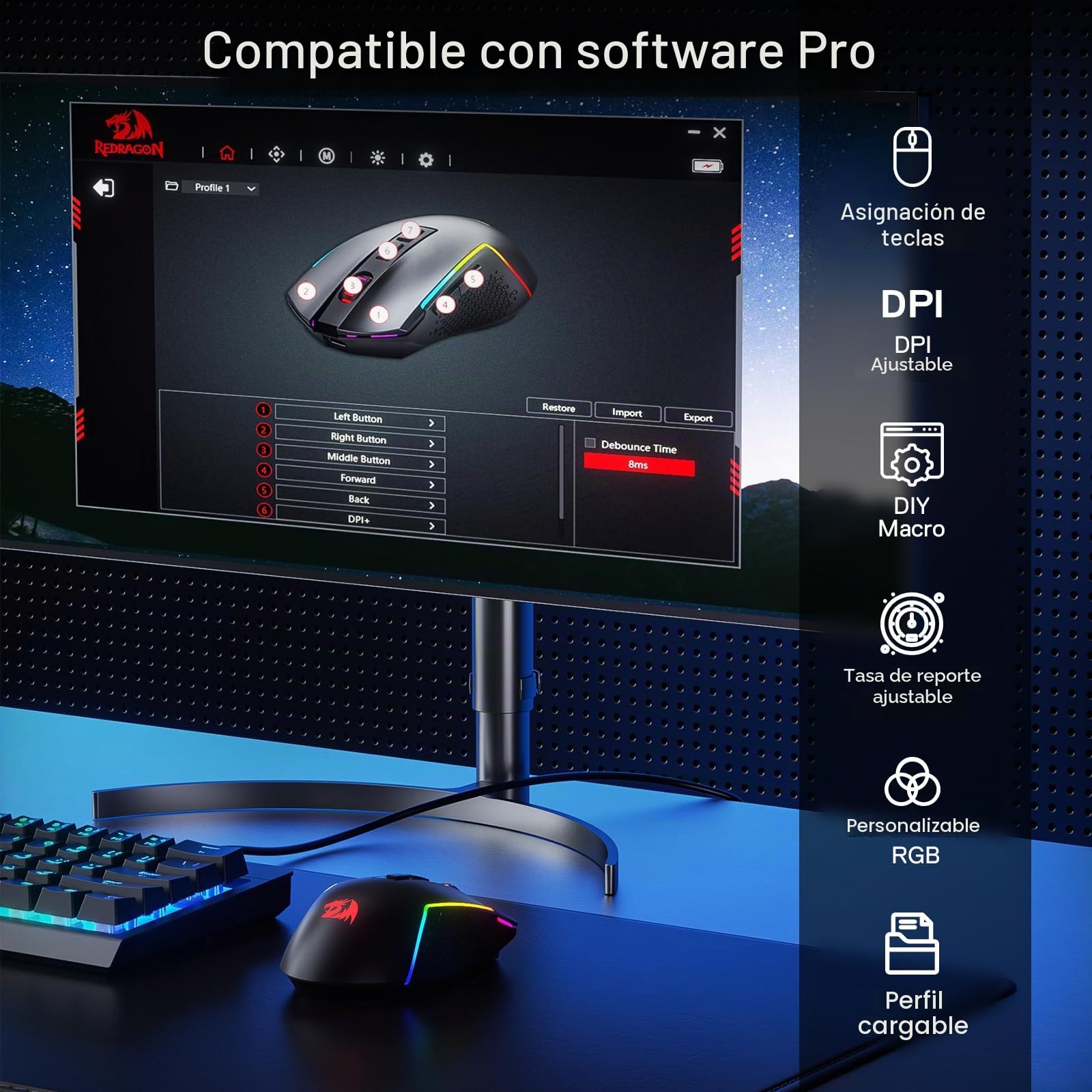 Redragon Ratón inalámbrico para juegos M693 LIT, 8000 DPI con conexión de 3 modos, BT y 2.4G inalámbrico, 7 botones macro, capacidad de alimentación fiable para PC/Mac/Laptop