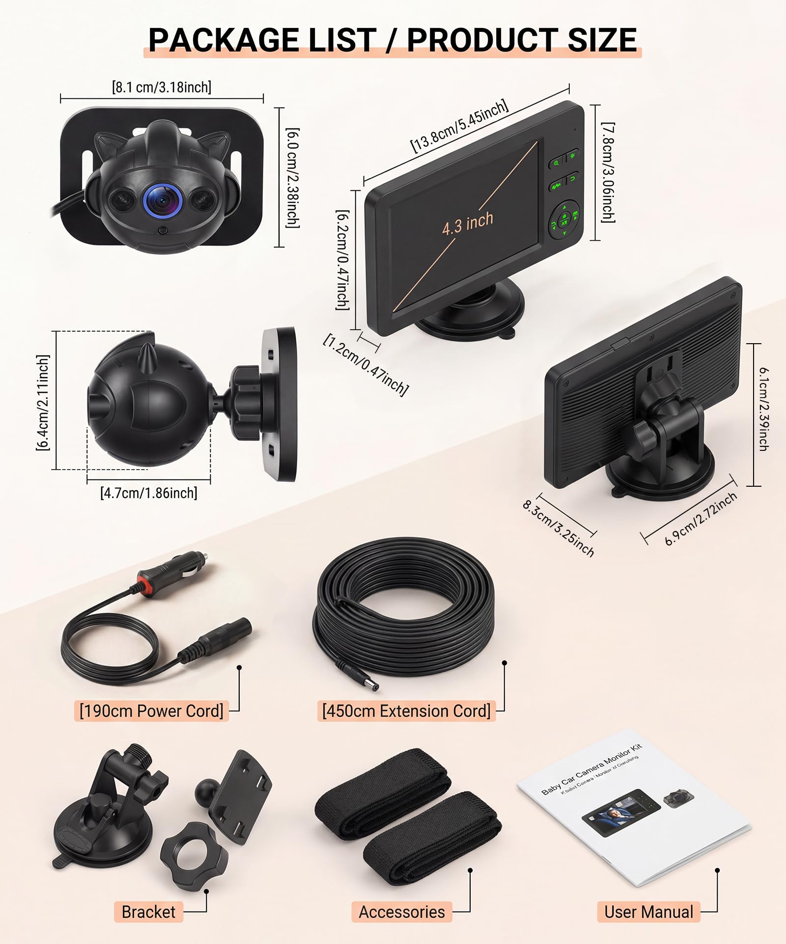 Rimoody Telecamera per Auto per Bambini per Sedile Posteriore, 4.3 Pollici Schermi, Specchio Retrovisore per Seggiolino Auto con Visione Notturna IR, Vivavoce Bluetooth & Musica, Luci a Sette Colori