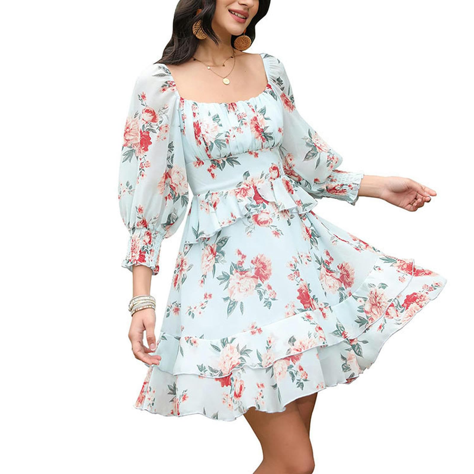 Robe smockée col carré à volants TQBA221018-1-L vêtement fluide été