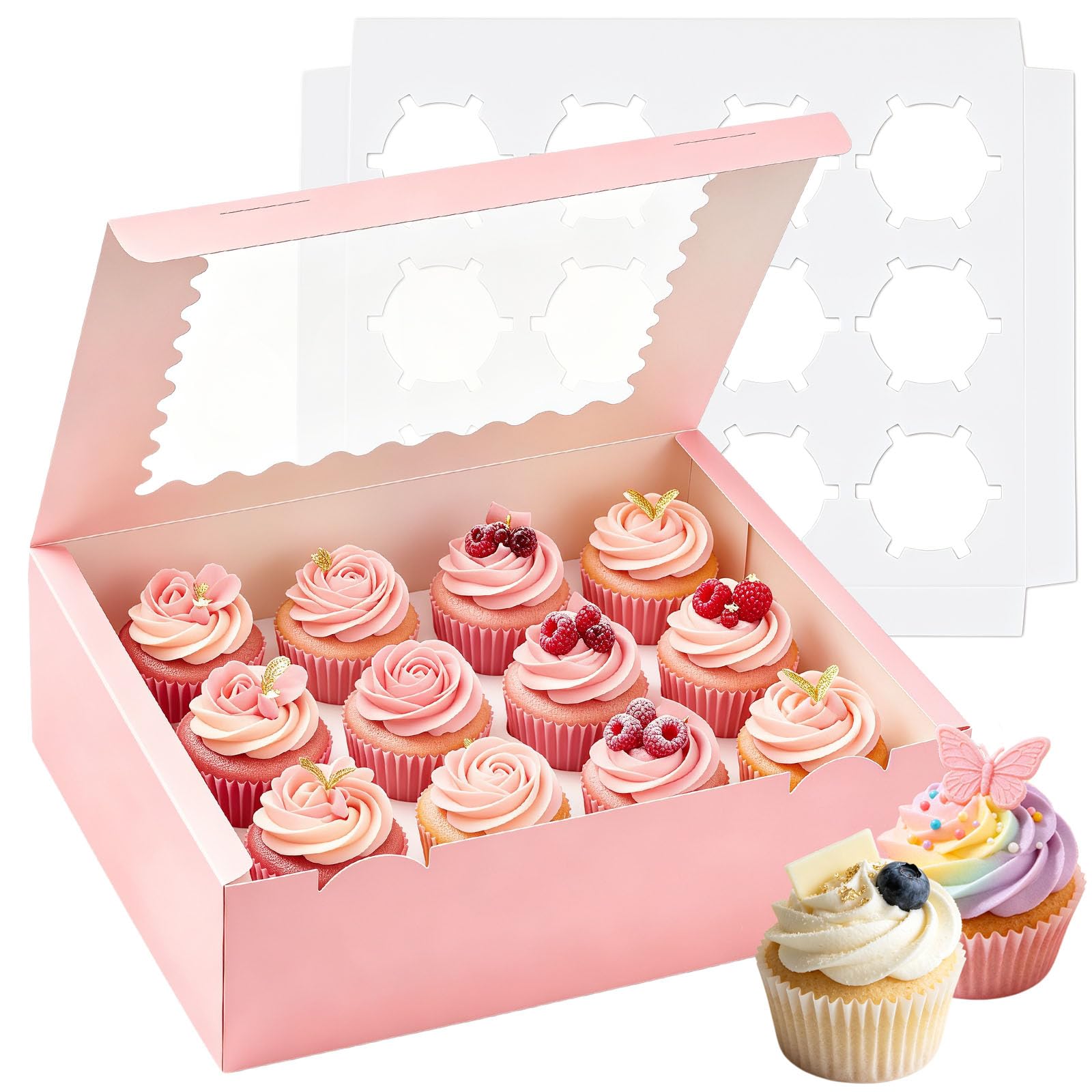 RONGZUBAT 10 Pack Pink 12 Hole Cupcake Boxes with Clear Window and Inserts, 33 x 24 x 7.5 cm Cardboard Cake Boxes for Muffins, Pastries, Weddings and Parties — image 1