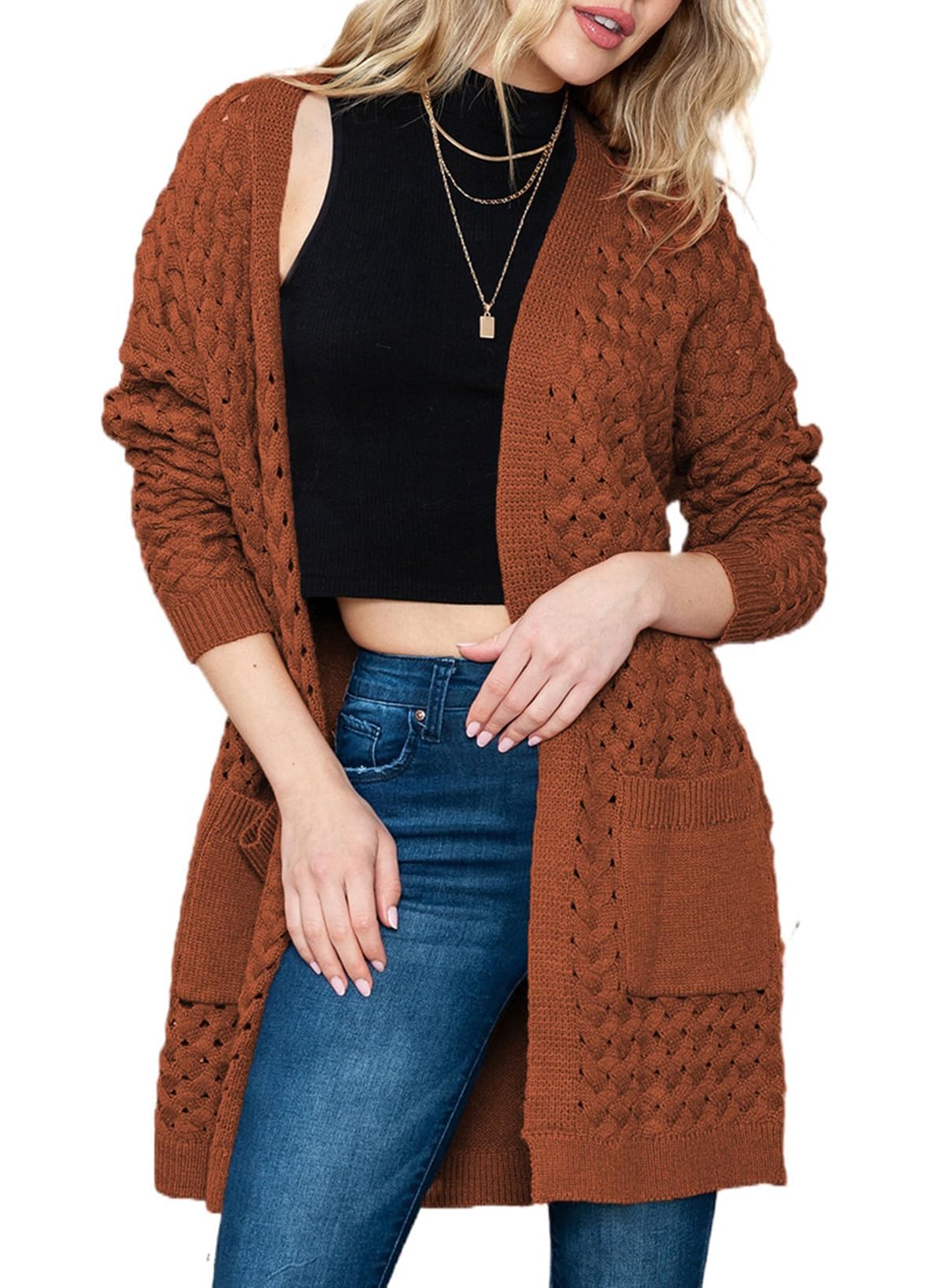 Chaqueta larga de punto para mujer, chaqueta de punto frontal abierta, abrigo con bolsillos, ropa exterior holgada informal para uso diario, marrón, M