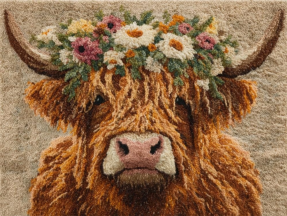 FWRTYCB DIY Crochet Carpet Kit Highland Cow Wearing A Flower Wreath 20X15Inch Rug M