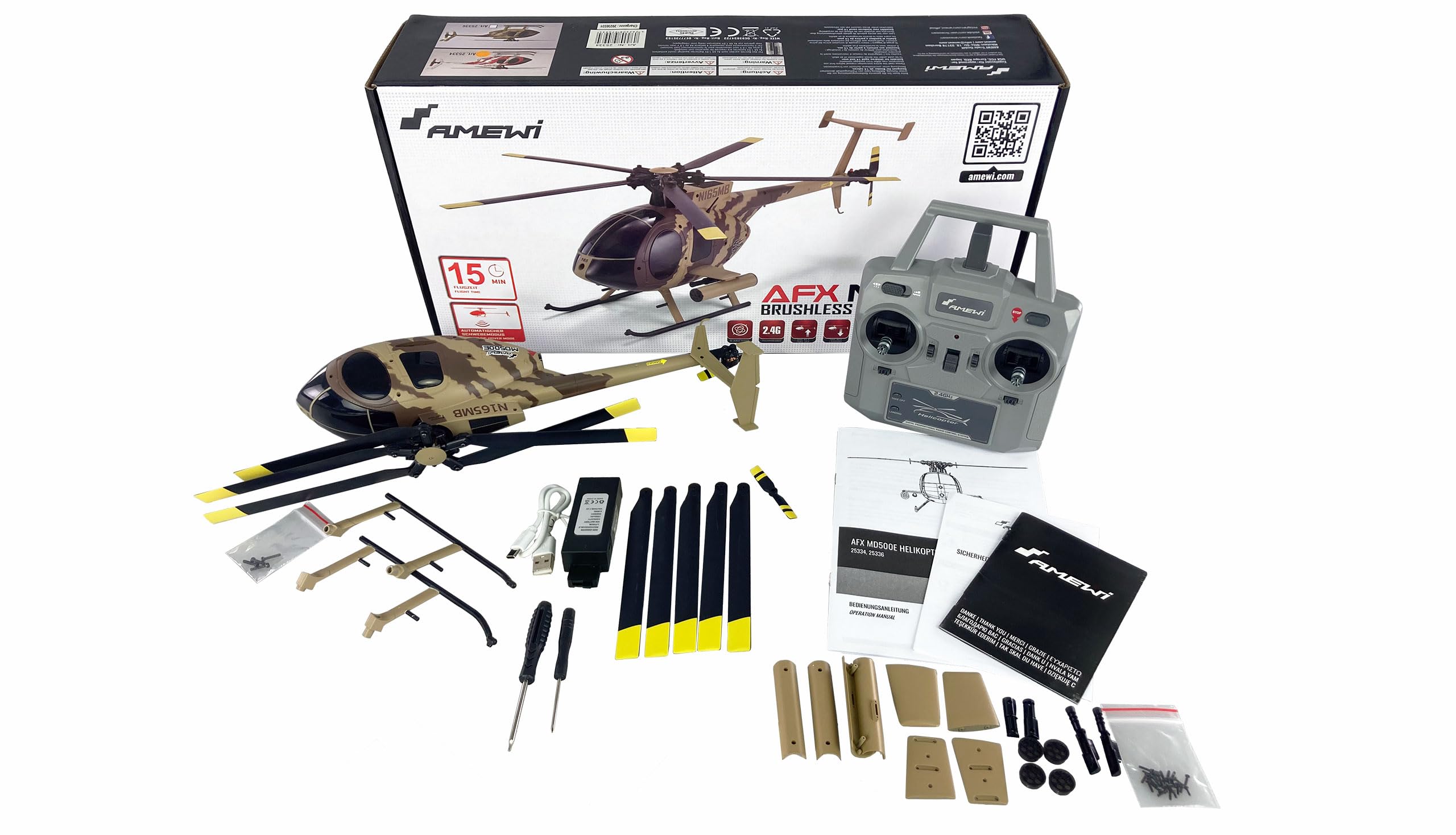 Amewi AFX MD500E 25336 - Elicottero militare brushless 4 canali, 325 mm, 6G RTF marrone