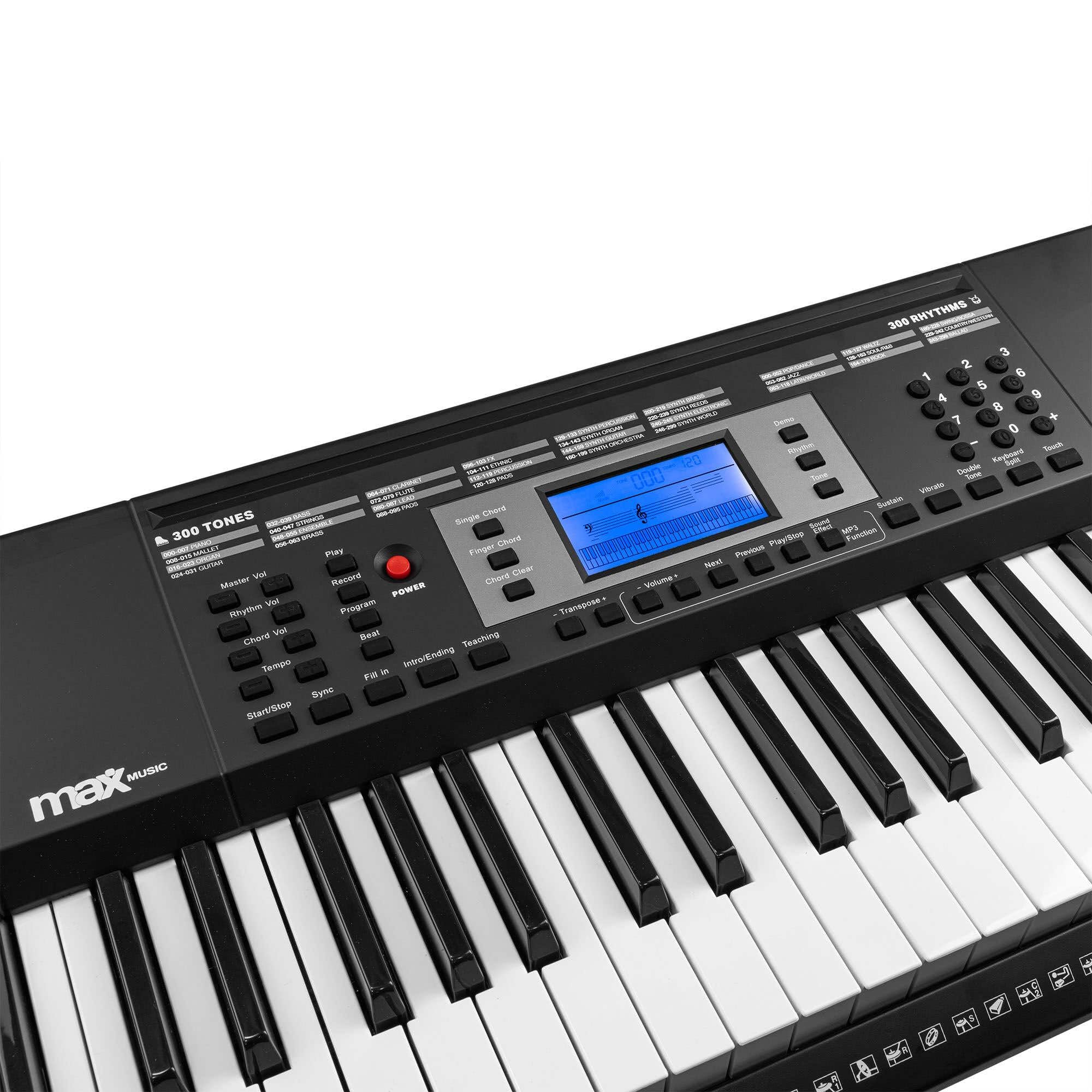 MAX Rhapsody61M Teclado Piano eléctrico de 61 teclas, con auriculares, soporte para teclado y banqueta, 600 sonidos, respuesta táctil, MP3 USB, pantalla, función de aprendizaje, MIDI y AUX