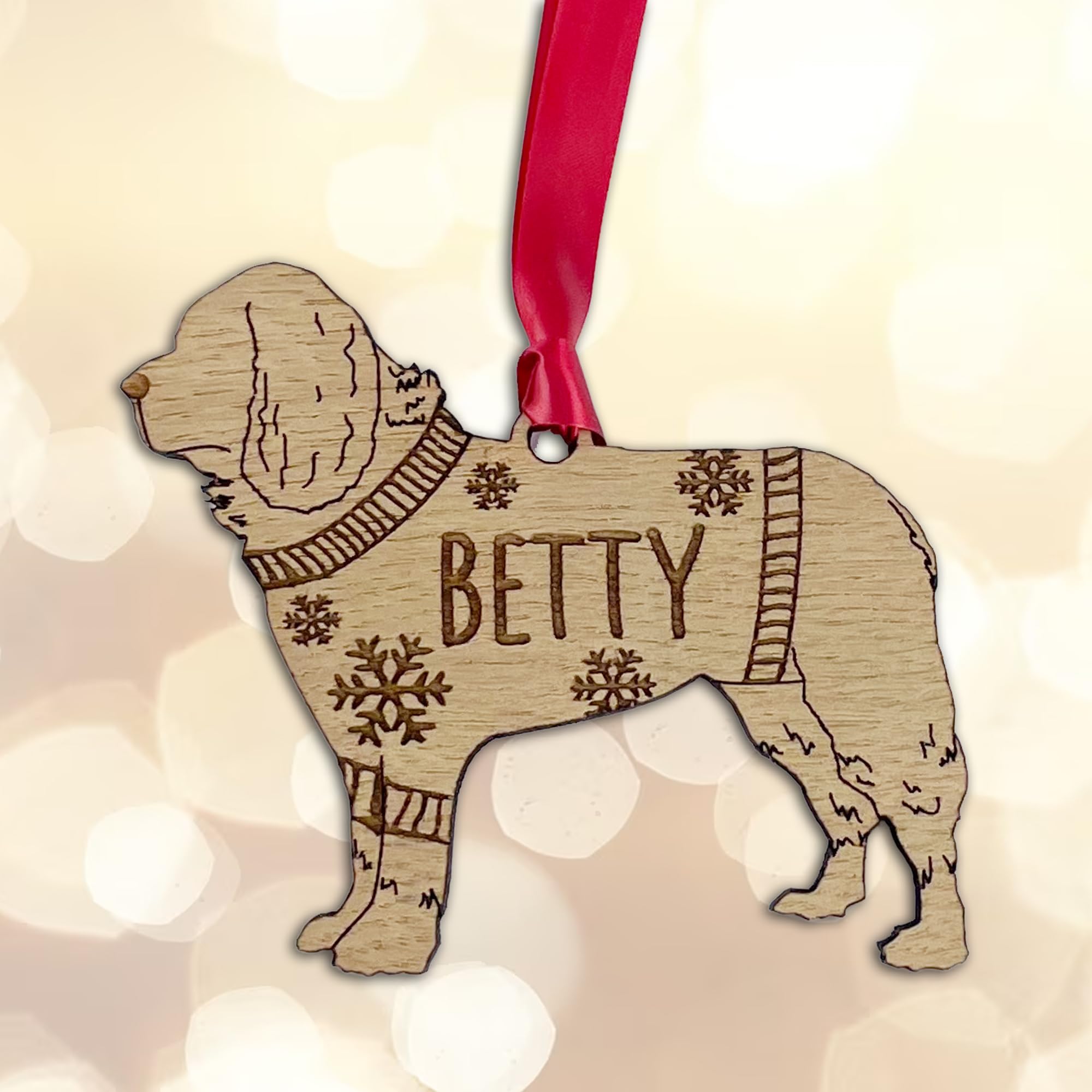 Personalised Newfoundland Dog Christmas Tree Bauble Decoration, Wearing a Dog Jumper Design with Snowflakes, Customised Puppy Hanging Ornament, Oak Veneer Wood with Red Ribbon