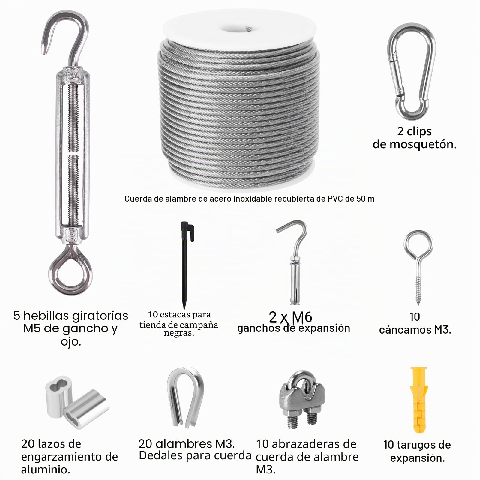 Cable de acero inoxidable de 50 m, cable de acero de 3 mm con ojales M5, tensor de cable, cerradura, alambre, revestimiento de PVC para enredaderas, vallas, suspensión de luz, tendedero