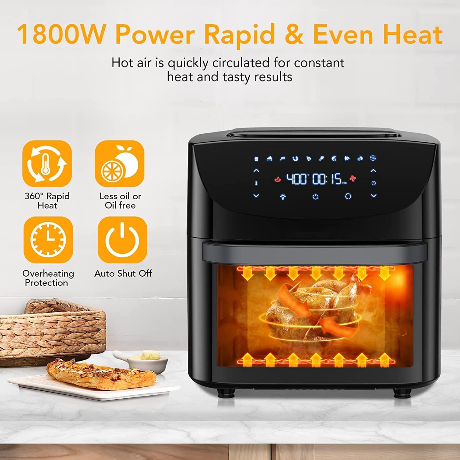 SXYCMY Air Fryer Oven Digital 18L Large Capacity, Visual Window, Smart Finish, Touch Screen Oven with Rotisserie, Dishwasher Safe, Rapid Air Circulation, BPA-Free Accessories, Healthy Oil Free