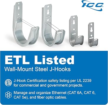 ICC 4-Inch Wall Mount J-Hook 25-Pack, Cable Support Hooks with Retainer Clips, Galvanized Steel with Zinc Finish for Structured Cabling and Cable Management