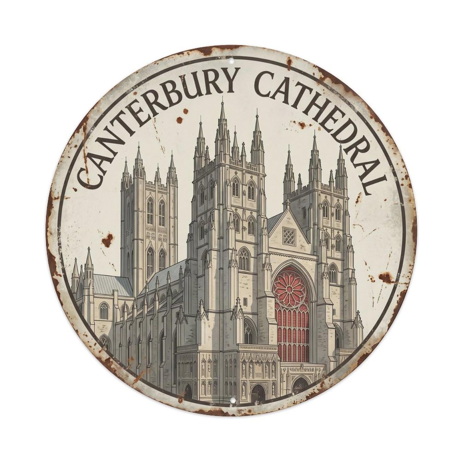 Canterbury Cathedral Heritage Classic Cartography Travel Landmark Metal Tin Sign Plaque Wall Decor for Cafe, Man Cave, Club Bar, Office, Home Garden Round Metal Poster 8x8Inch