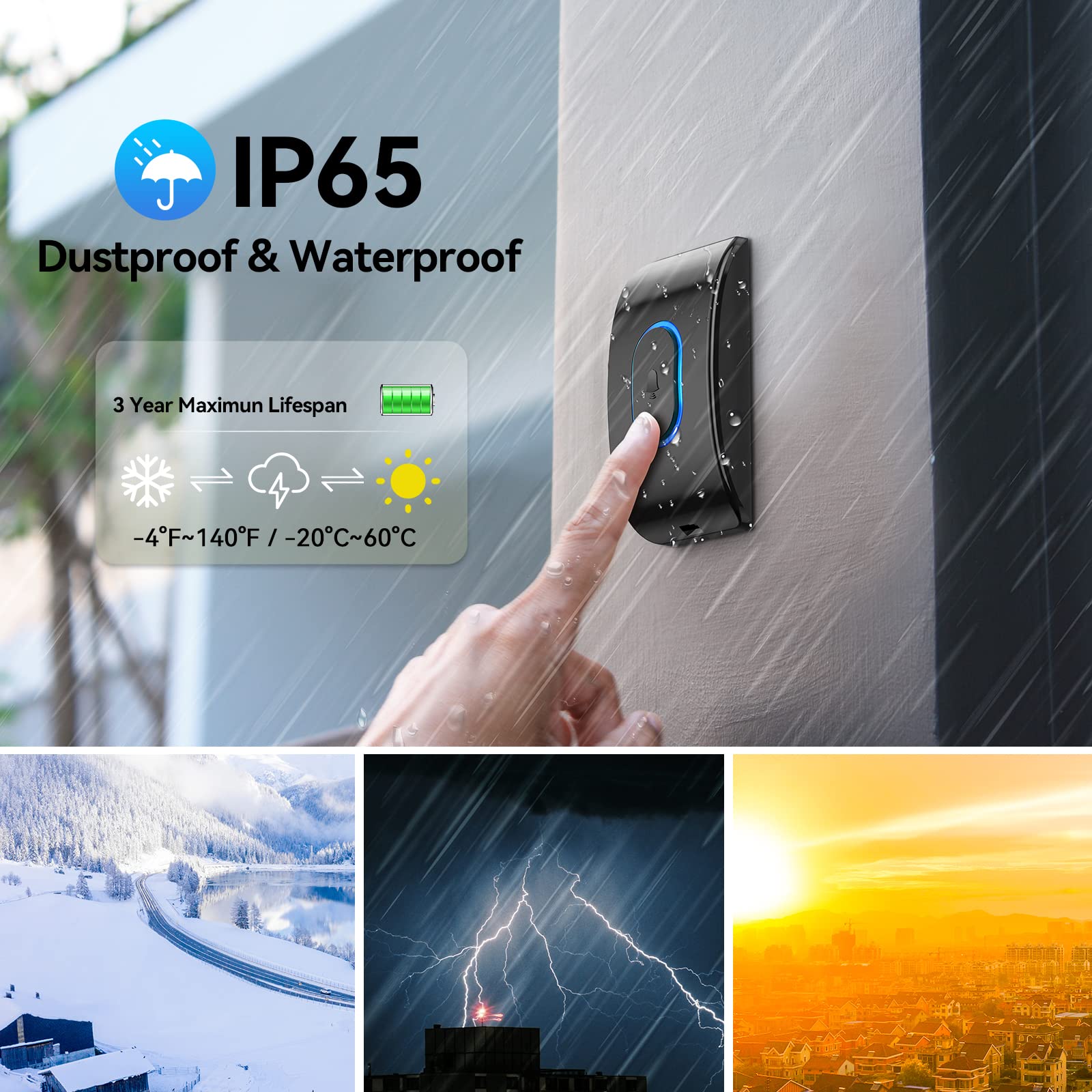 TECKNET Wodoodporny dzwonek bezprzewodowy, wodoodporny dzwonek IP65, 400 metrów, 60 melodii i 5 poziomów głośności, zestaw odbiornika i nadajnika, lampka LED do domu, salonu, biura - czarny