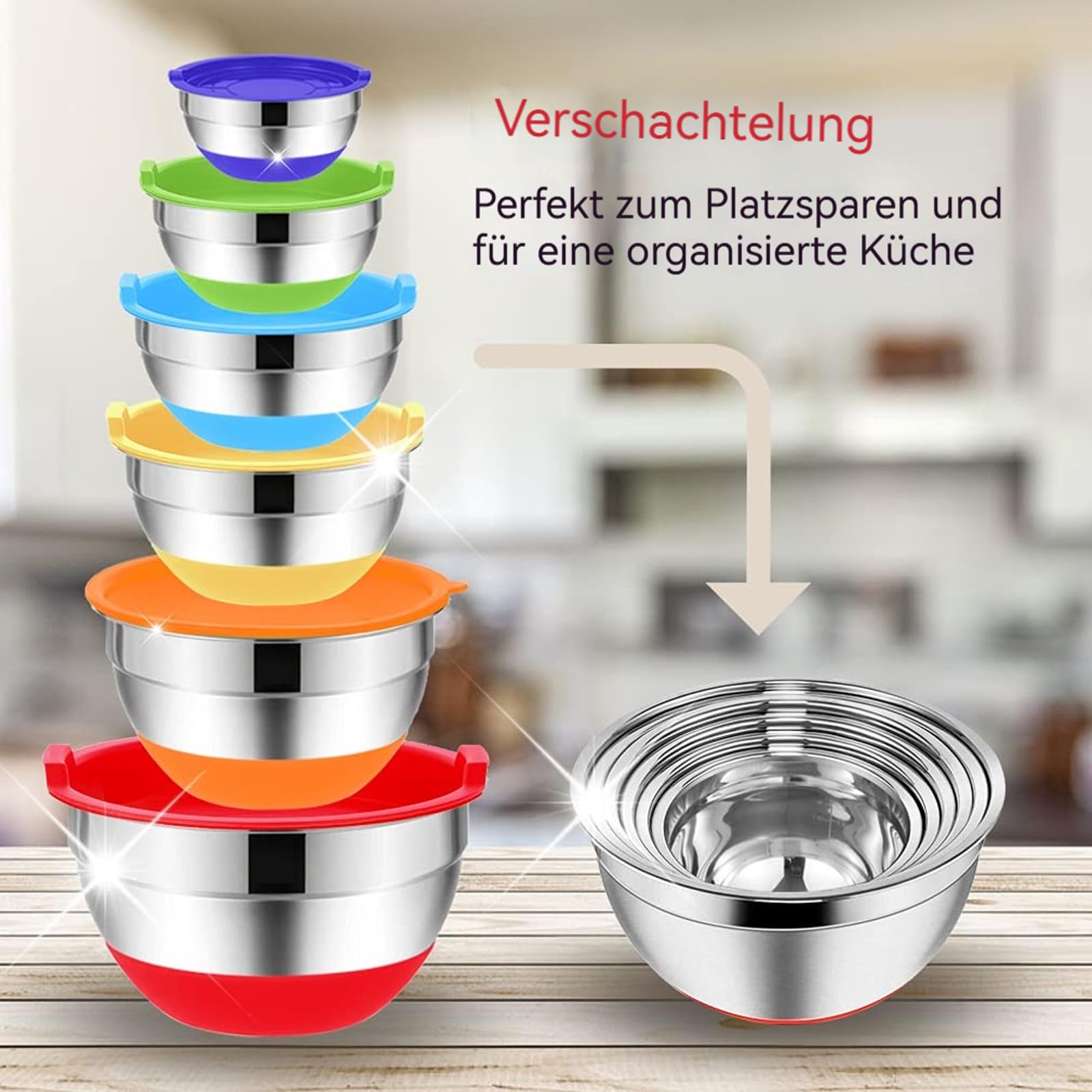 Edelstahlschüssel mit Deckel, Silikonboden, 6 Größen 16-30cm, stapelbar (Edelstahl,Khaki)