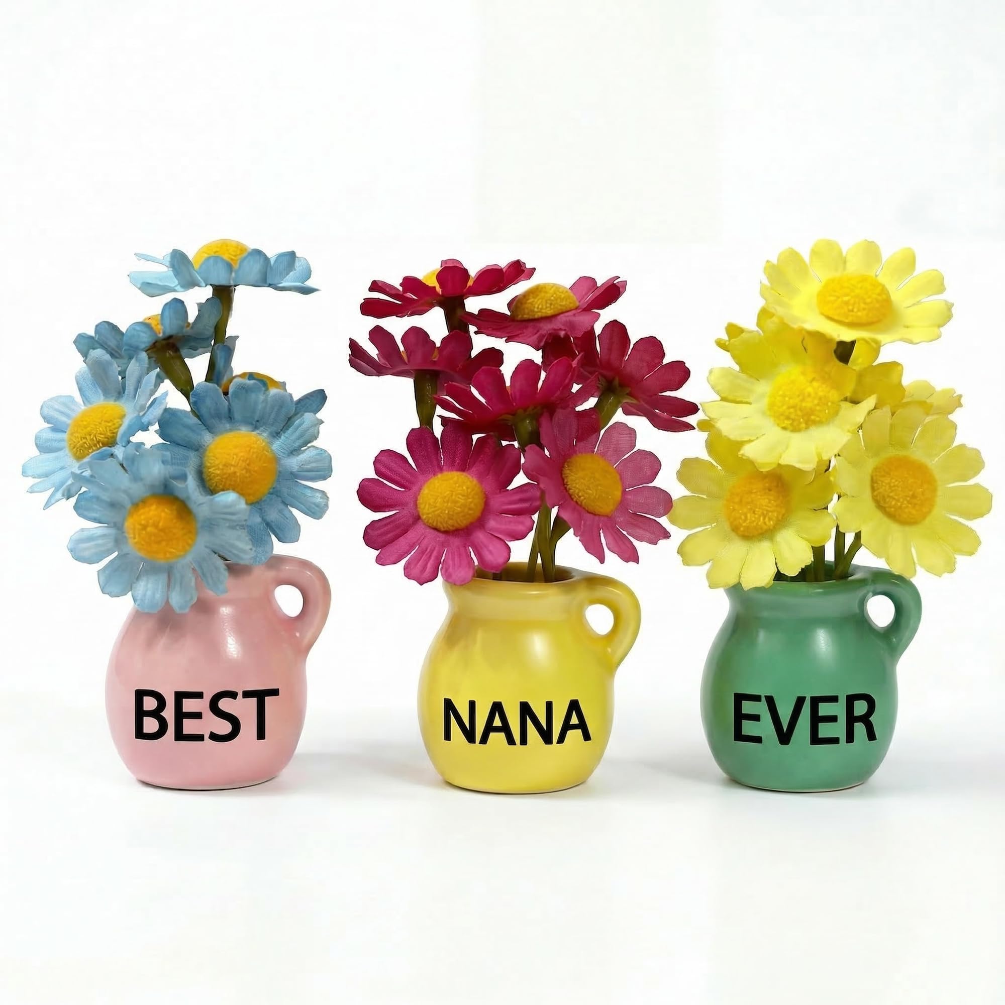 Nana Gifts - Mini Vase Magnets for Fridge, Best Nana Ever 3-Piece Ceramic Magnet Set with Artificial Flowers, for Nana from Granddaughter/Grandson, Refrigerator Magnets for Kitchen
