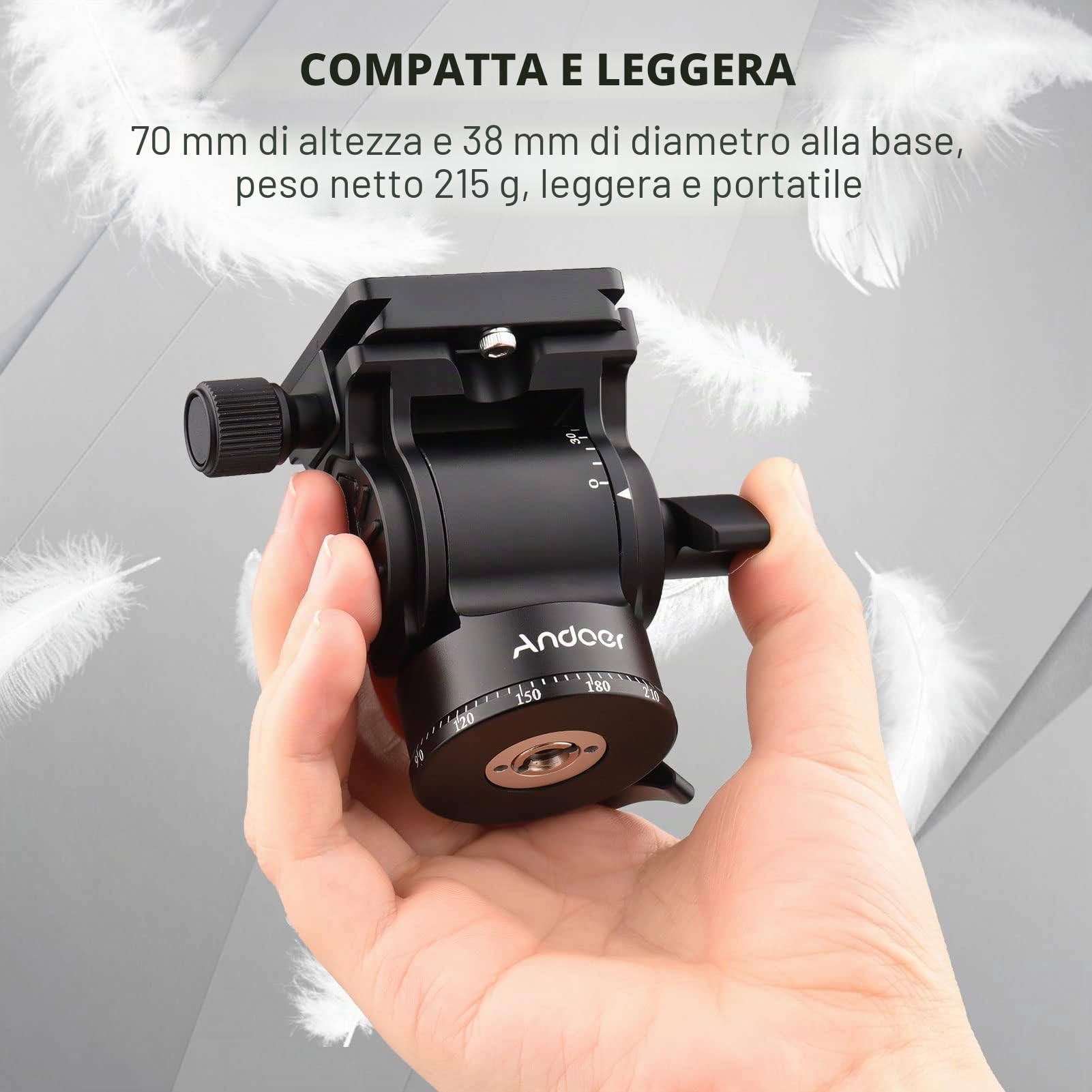 Andoer Testa a sfera panoramica con vite da 1/4", manico rimovibile, 2 piastre a sgancio rapido, portata 10 kg/22 lbs