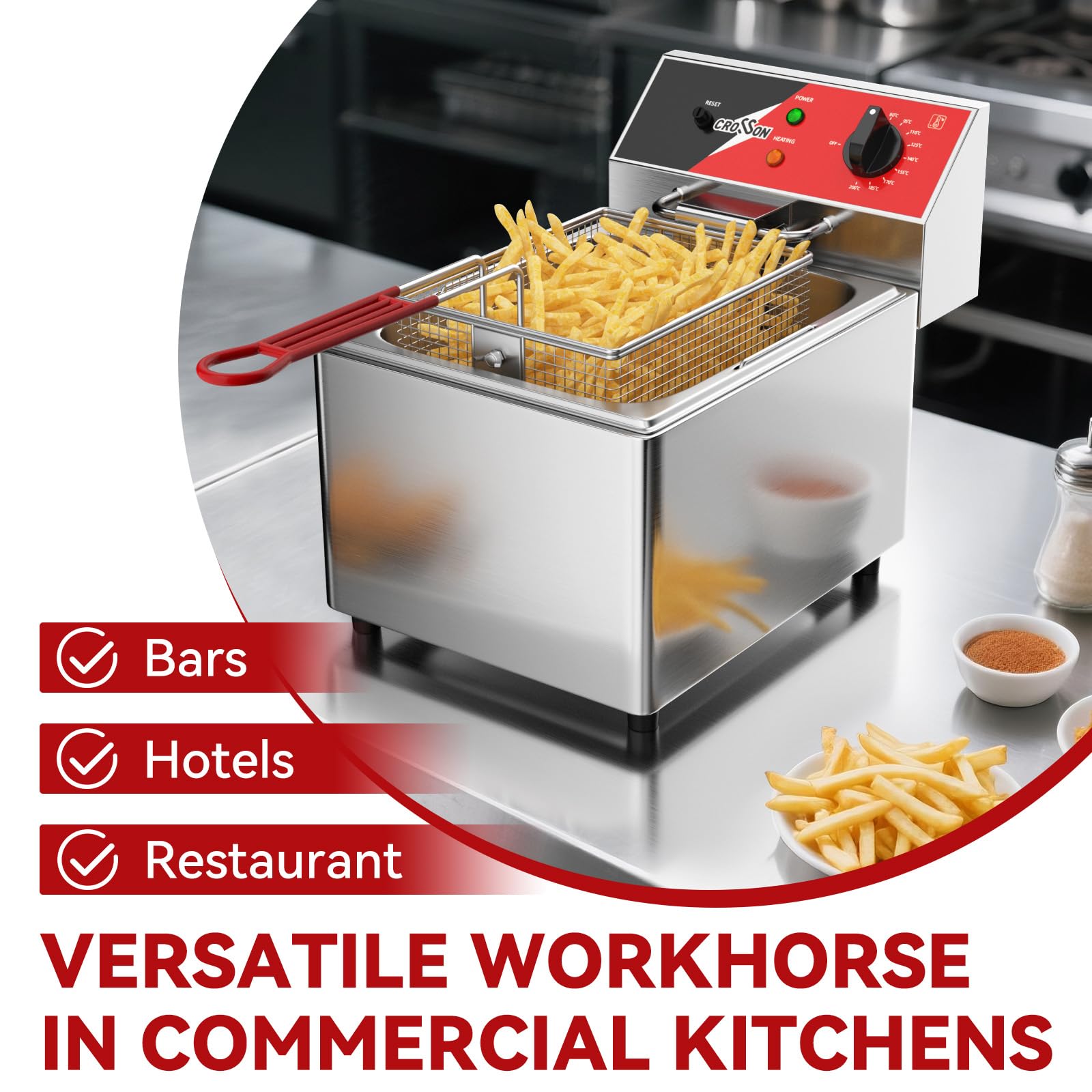 CROSSON 8L Professionelle Elektrische Fritteuse,3250W Kommerzielle Elektrische Fritteuse aus Edelstahl mit Korb, Temperaturkontrolle 80-200°C Schnelles Erhitzen für Restaurant und Zuhause
