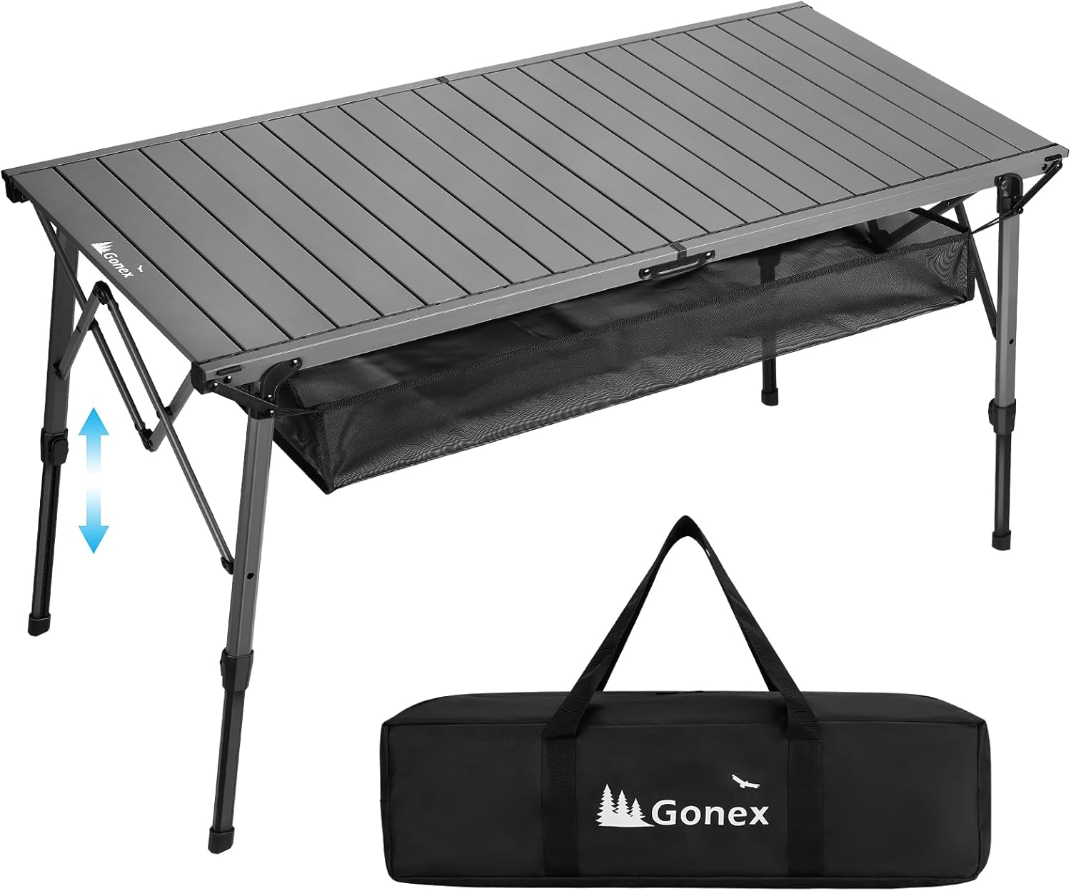 Gonex 50" Camping Table with Adjustable Height Legs for Uneven Ground, Portable Folding Aluminum Roll Up Table with Mesh Pocket for Camping, Picnic, BBQ, Cooking
