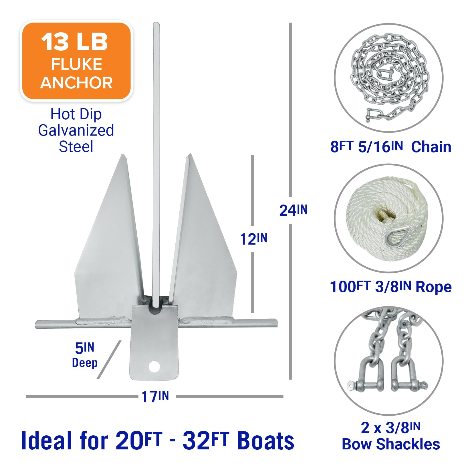 Kit di ancoraggio per barche pesanti da 5,9 kg, con catena e corda da 30 m, per barche, pontone, ponte, pesca e barche a vela