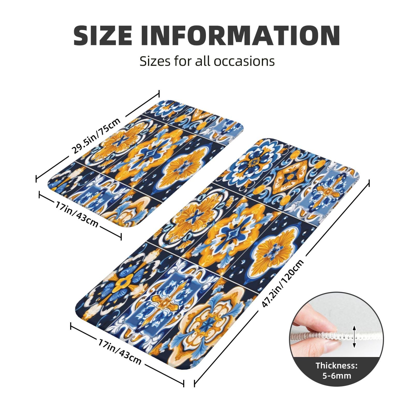 Juego de 2 alfombras de cocina con azulejos españoles de color azul oscuro y amarillo, antideslizantes y absorbentes para dormitorio, baño, oficina