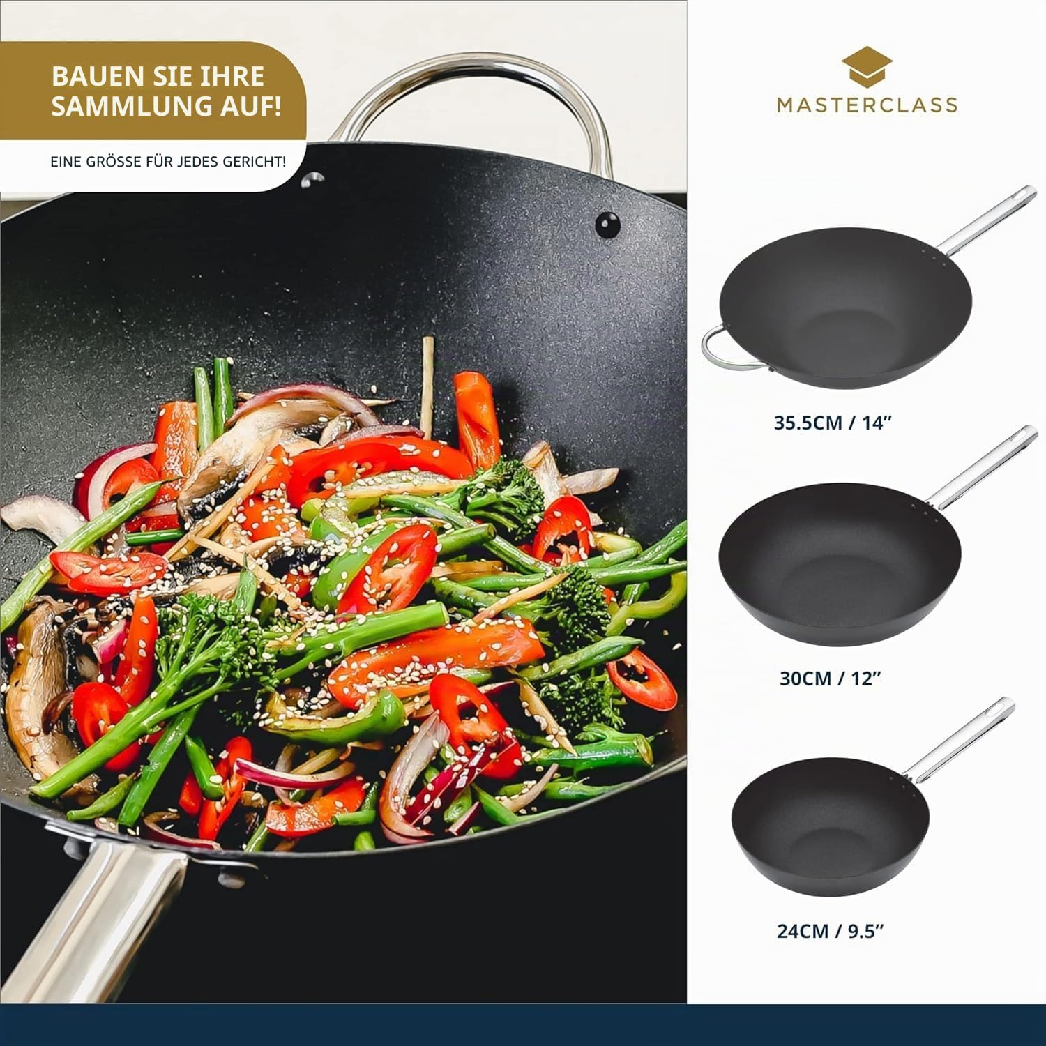 Master Class Wok Carbon, antihaftversiegelt, Karbonstahl, Wokpfanne 8 Liter, 35,5 cm (14''), schwarz