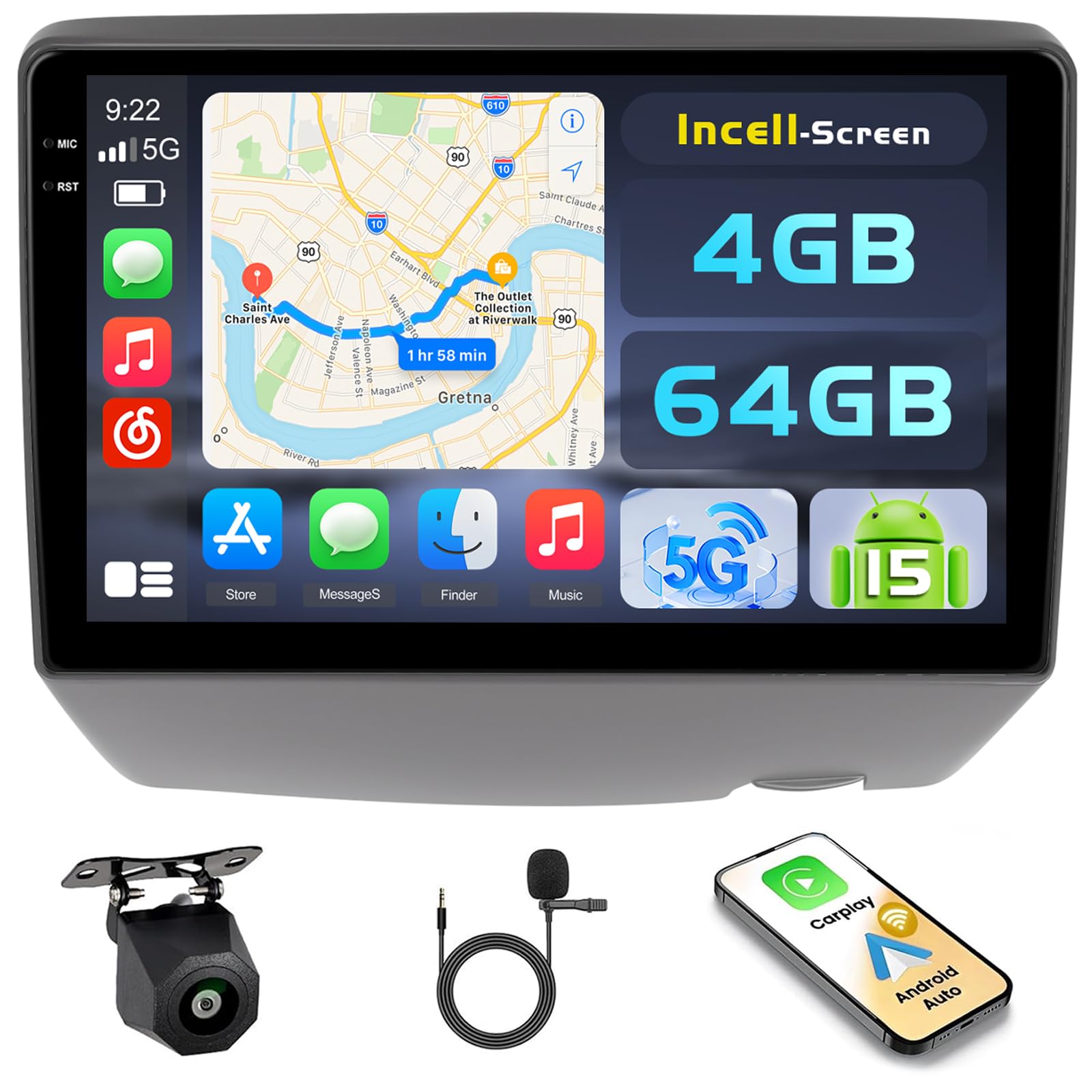Hikity 4+64GB Android 15 Autoradio per Toyota Vitz XP10 Yaris Platz Echo 1999-2005 con Wireless Carplay Android Auto, 9 Pollic Incell Schermo Tattile Supporto BT/GPS/WiFi/FM/RDS+Retrocamera+MIC