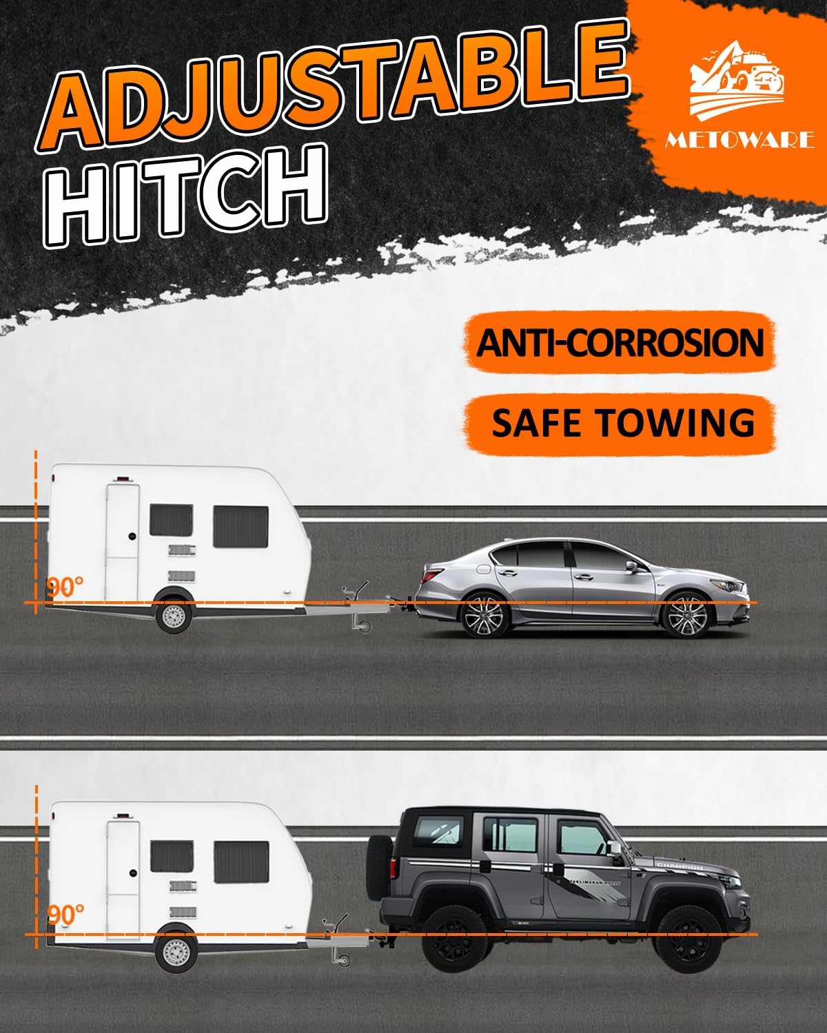 METOWARE Adjustable Trailer Hitch Ball Mount, 9-1/2" Drop and 8-1/4" Rise, Fits 2-Inch Receiver, with 1" Hitch Ball Hole, 6-Position Heavy Duty Tow Hitch with Pins