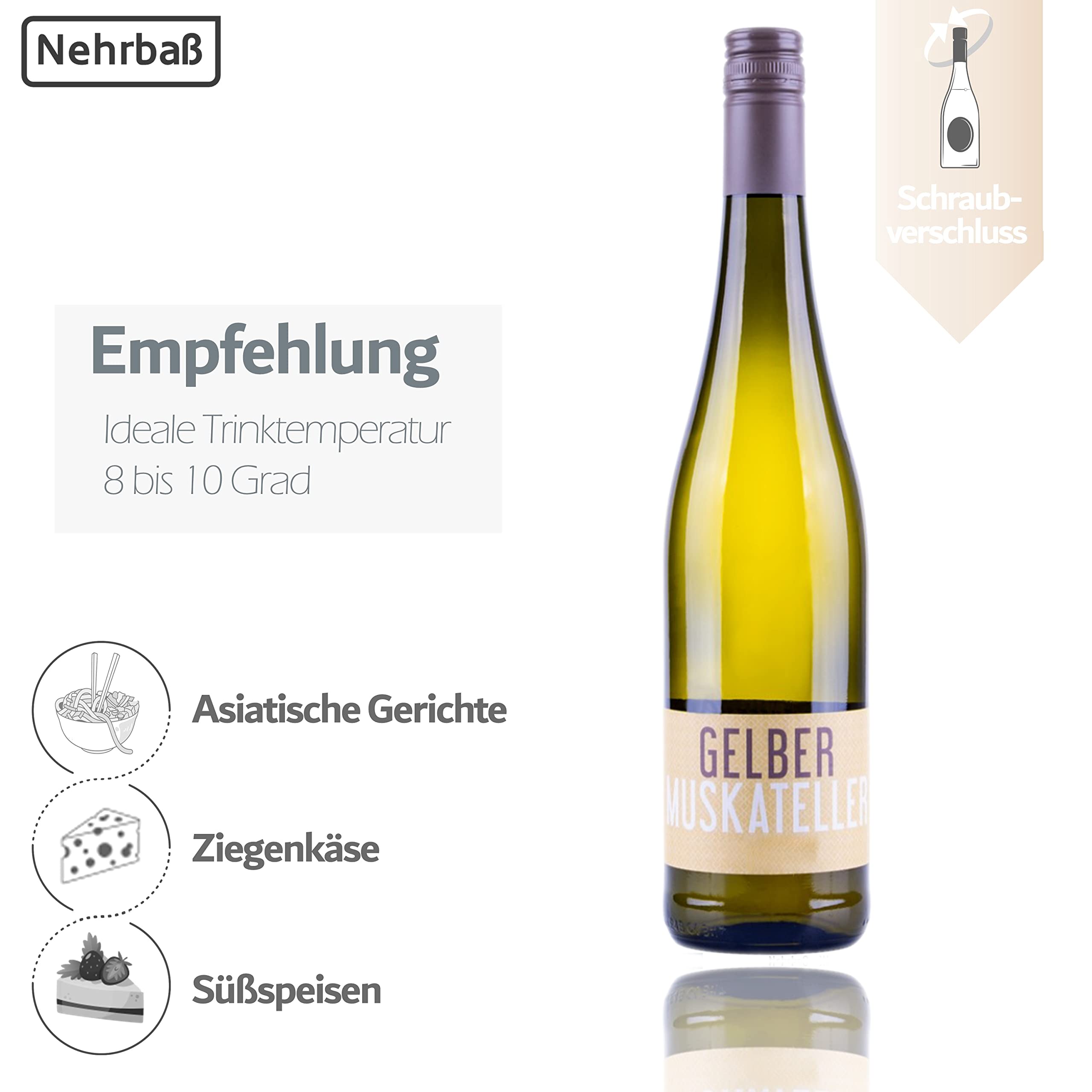 Nehrbaß - “Gelber Muskateller 2024” - Weißwein lieblich 6 x á 0,75 Liter - Vegan - Aus Deutschland (Rheinhessen) - mit Schraubverschluss - Qualitätswein