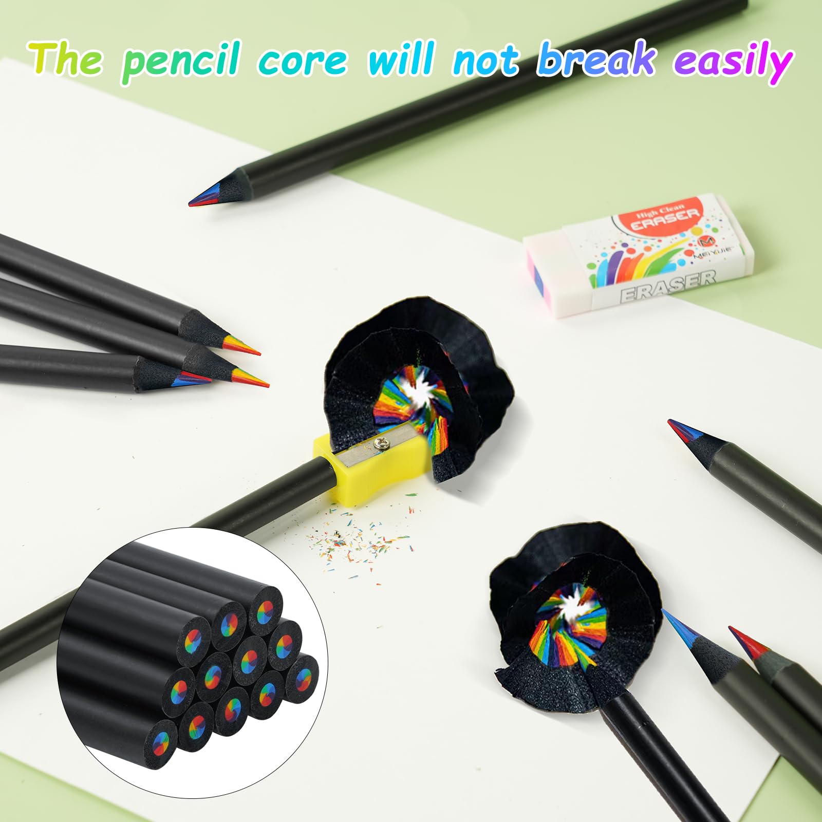 AUAUY Pack of 12 Rainbow Colouring Pencils, 7-in-1 With Erasers and Sharpener for Adults or Children Art Drawing, Sketching 2