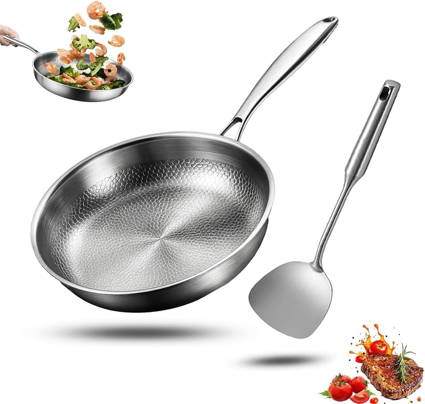 Generico Padella titanio con spatola, wok antiaderente martellato in titanio Nutrition per cucinare, non rivestita, padella Pro induzione, per cucina e campeggio (Senza Copertura, 28cm)