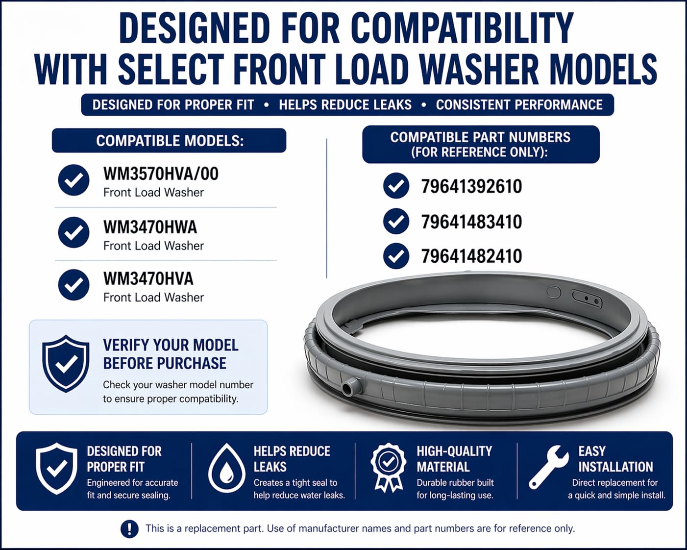 Washer Door Boot Seal Gasket Replacement for LG WM3570HVA/00 WM3470HWA WM3470HVA – Replaces 79641392610 79641483410 79641482410