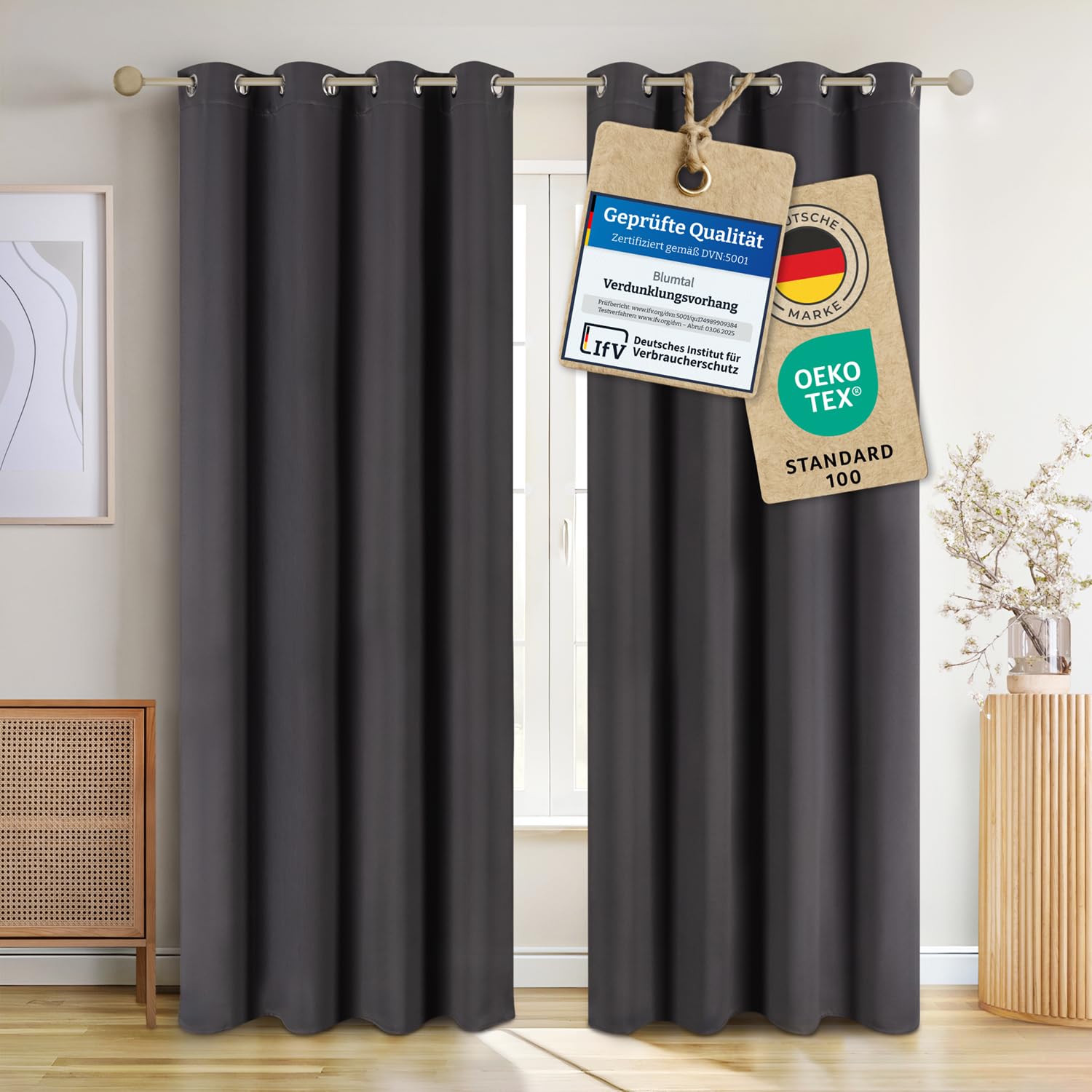 Blumtal 2er-Set Gardinen Verdunklungsvorhänge Blickdicht - Elegante Wärmeisolierende Vorhänge mit Ösen, Thermovorhang für alle Fenster und Jahreszeiten, 225 x 140 cm, Anthrazit