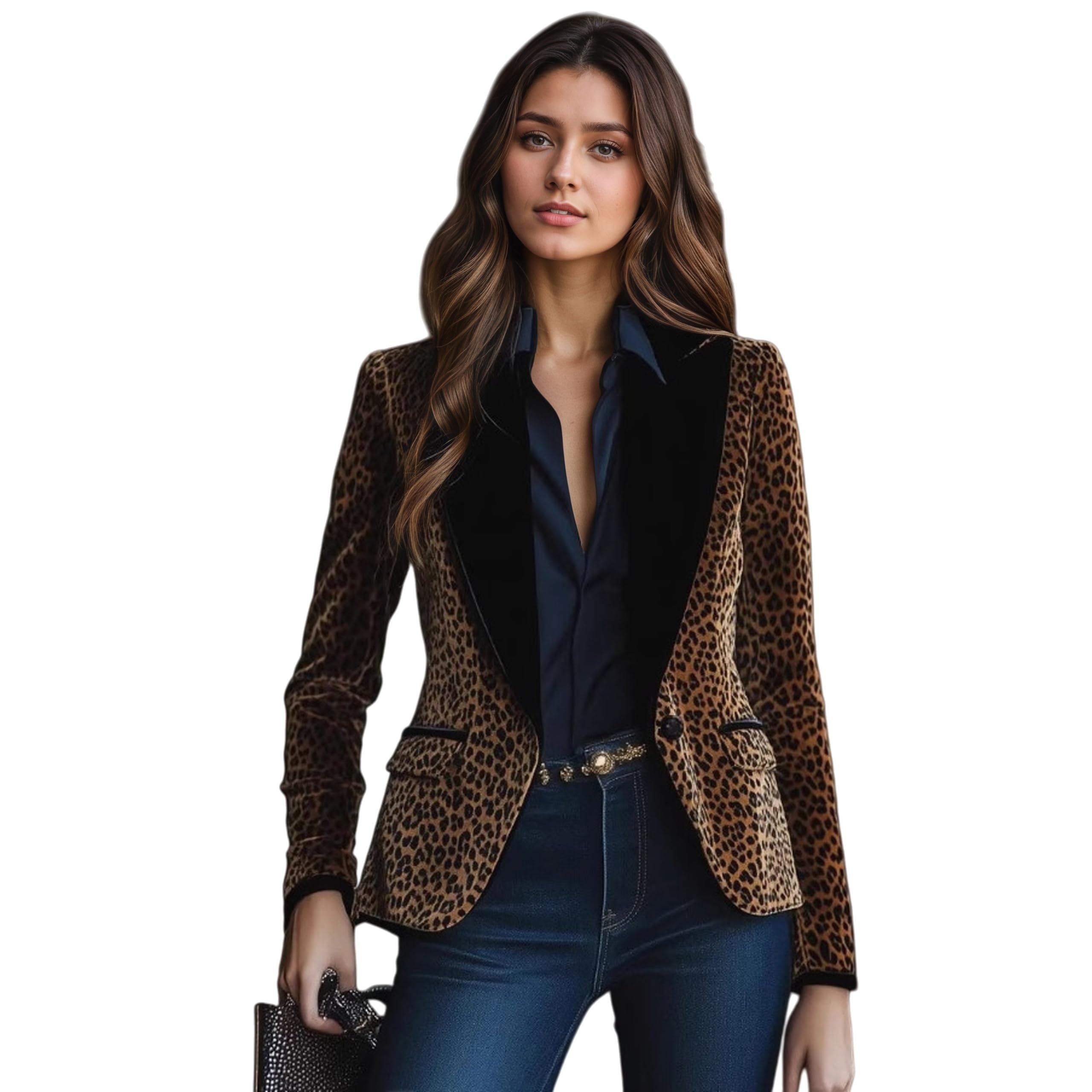 Womens Leopard Print Blazer - Classic Button Up Fitted Business Jacket Fashion Contrast Lapel Office Wear Suits