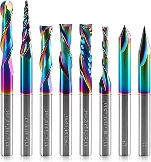 8 PCS DLC Coated CNC Router Bits Set 1/4 Inch Shank, Multiple Uses Solid Carbide End Mills for Woodworking,Ideal for Detail Carving, Trimming, V-Groove Engraving, Slotting & Mortising