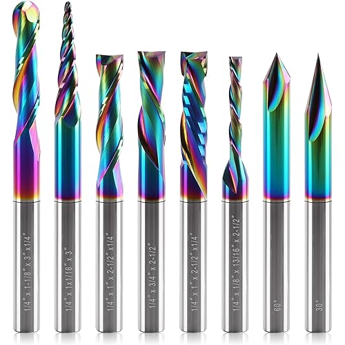 8 PCS DLC Coated CNC Router Bits Set 1/4 Inch Shank, Multiple Uses Solid Carbide End Mills for Woodworking,Ideal for Detail Carving, Trimming, V-Groove Engraving, Slotting & Mortising