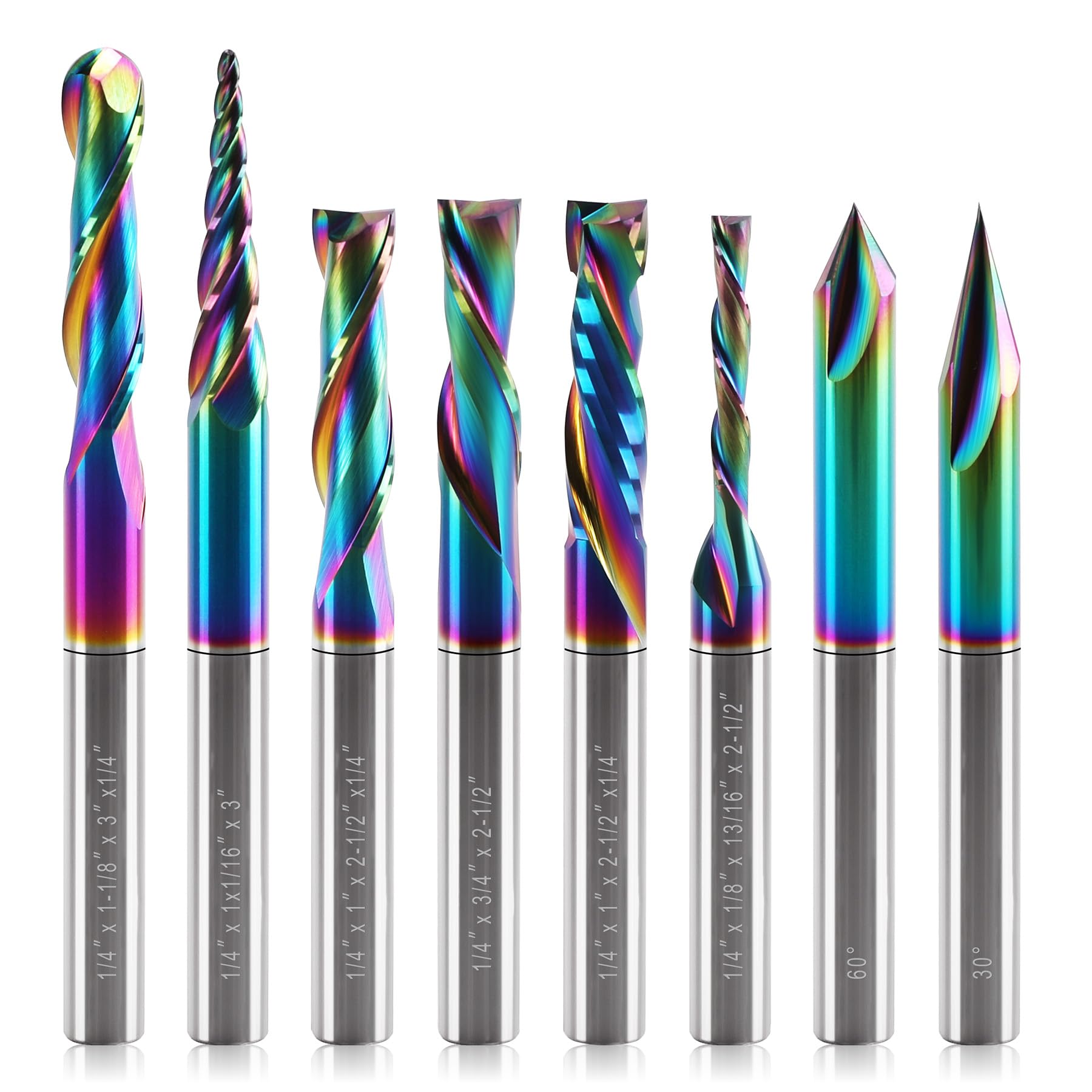 Photo 1 of BFVV 8 PCS DLC Coated CNC Router Bits Set 1/4 Inch Shank, Multiple Uses Solid Carbide End Mills for Woodworking,Ideal for Detail Carving, Trimming, V-Groove Engraving, Slotting & Mortising
